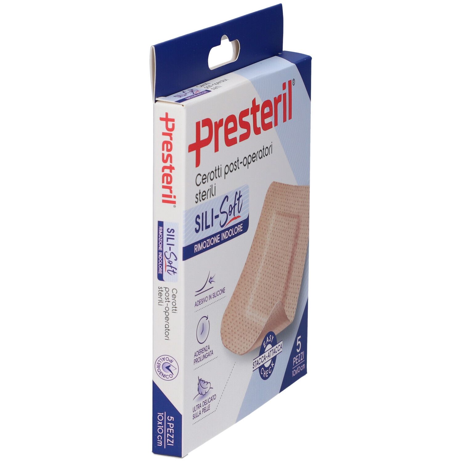 Vista laterale della confezione PRESTERIL CER SILISOFT. 5 pezzi, 10x10 cm. Nome e logo visibili.