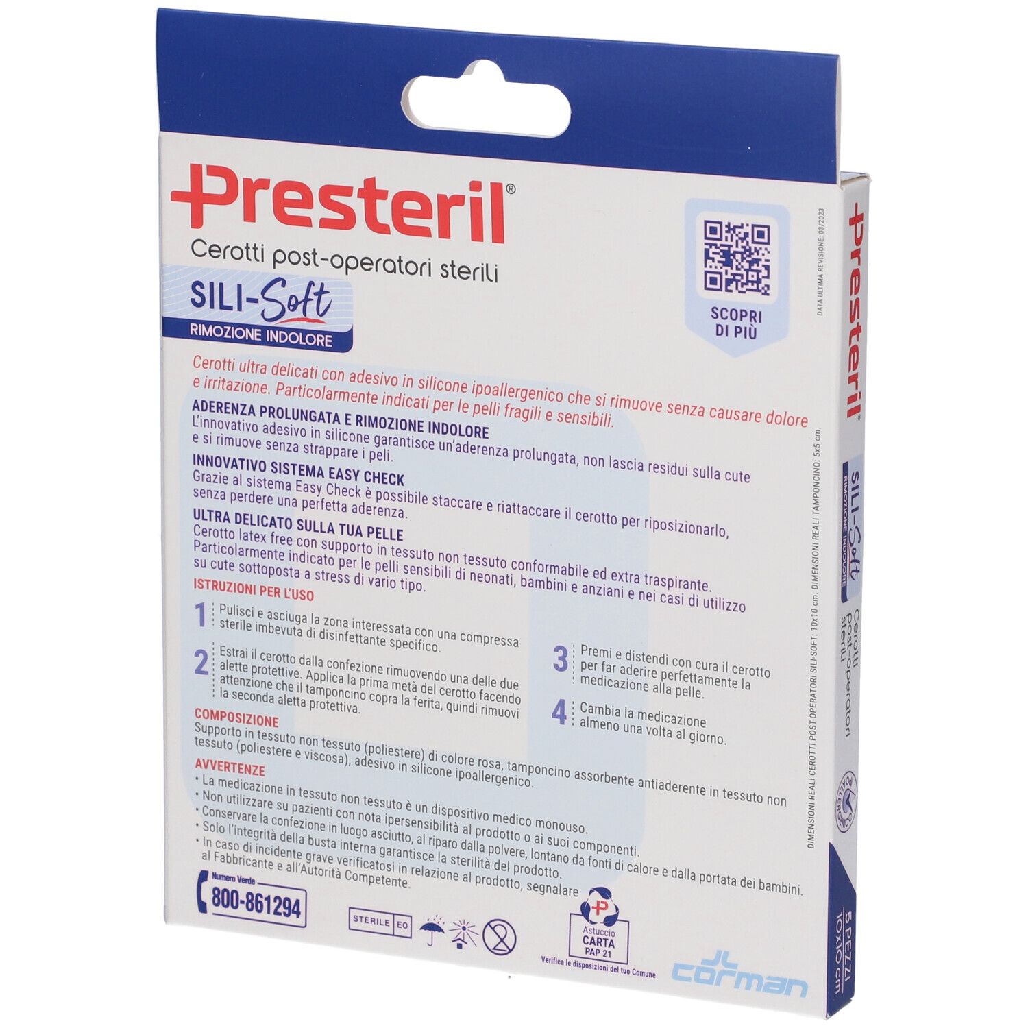 Retro della confezione PRESTERIL CER SILISOFT. Informazioni testuali e codice QR.