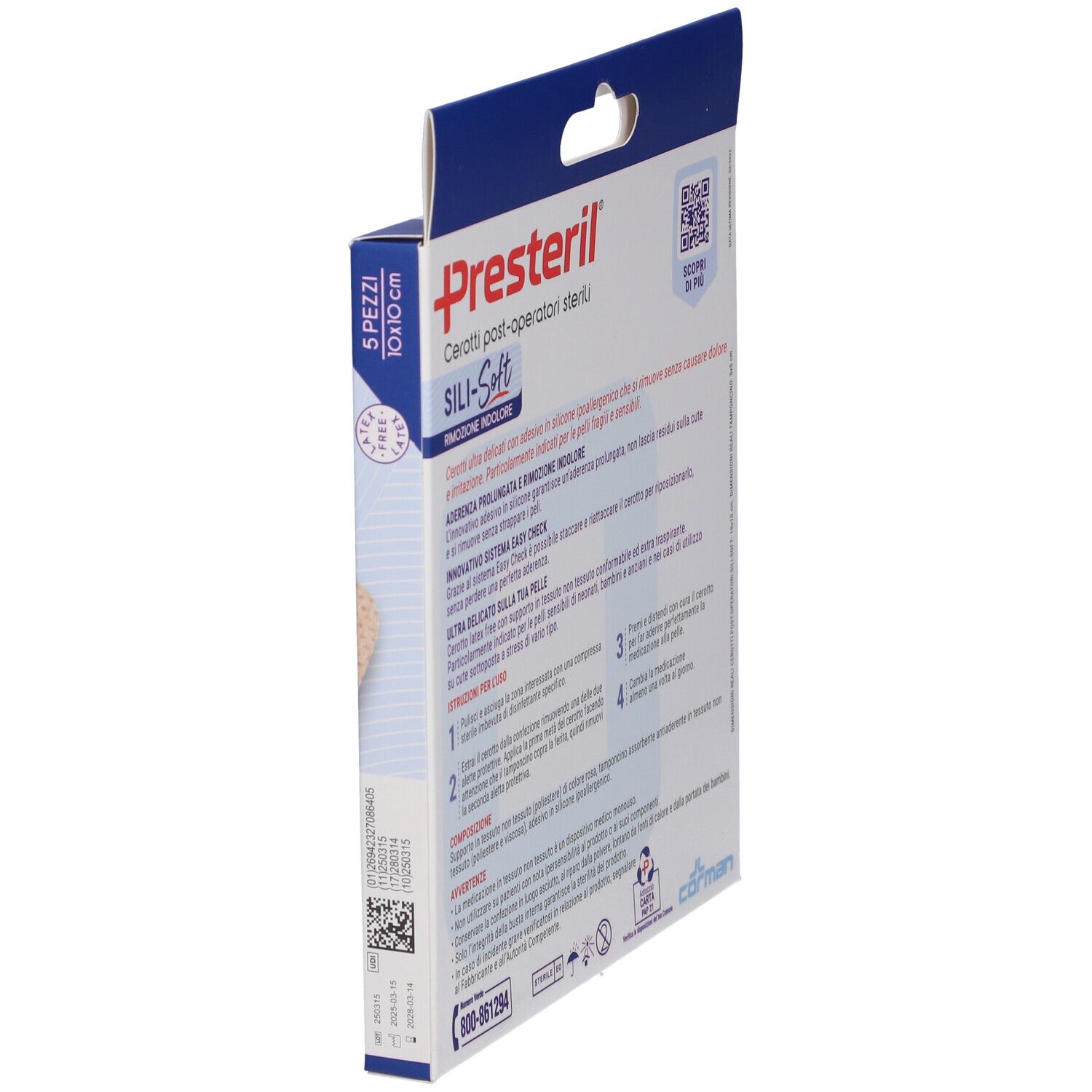 Vista laterale della confezione PRESTERIL CER SILISOFT. Testo e codice QR visibili.