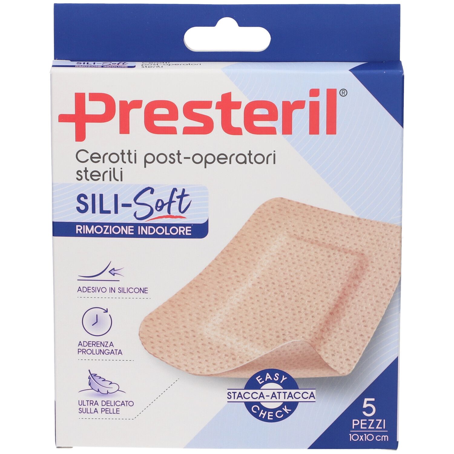 Confezione PRESTERIL CER SILISOFT. 5 cerotti, 10x10 cm. Due cerotti visibili.