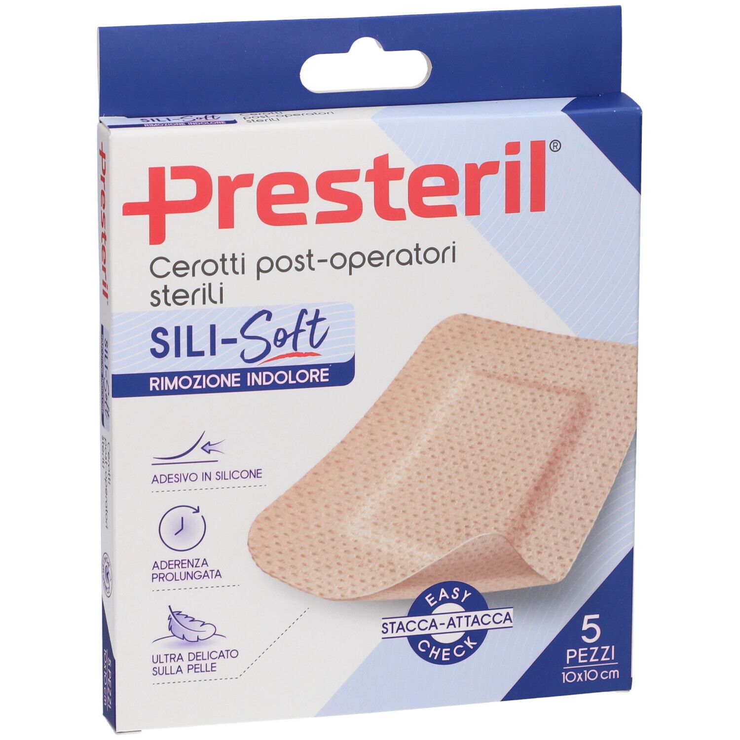 Confezione PRESTERIL CER SILISOFT. 5 cerotti, 10x10 cm. Nome e logo visibili.