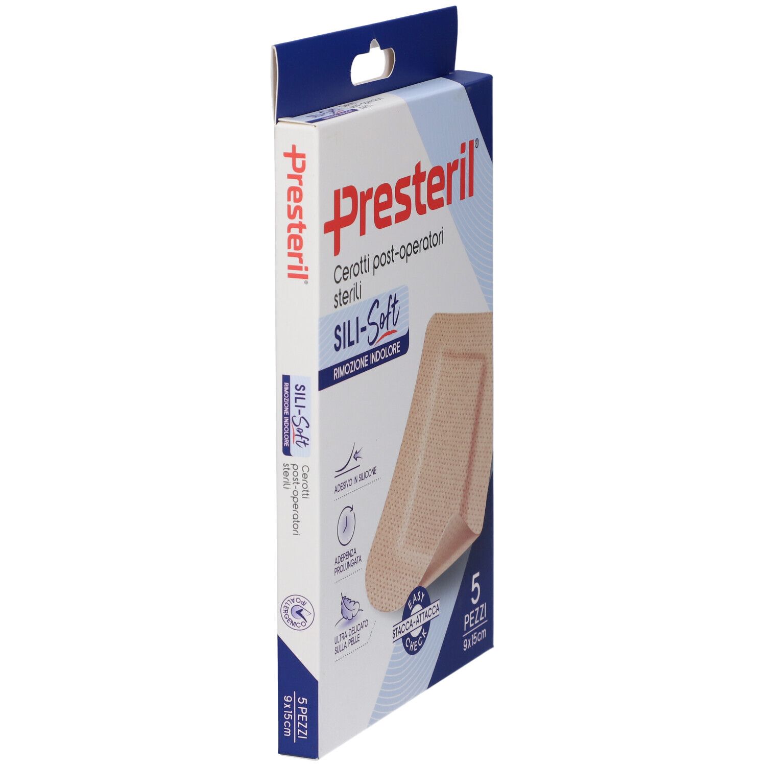 Confezione di cerotti Presteril Sili-Soft, vista laterale. 5 pezzi, 9x15cm. Scritte: post-operatori sterili, rimozione indolore.