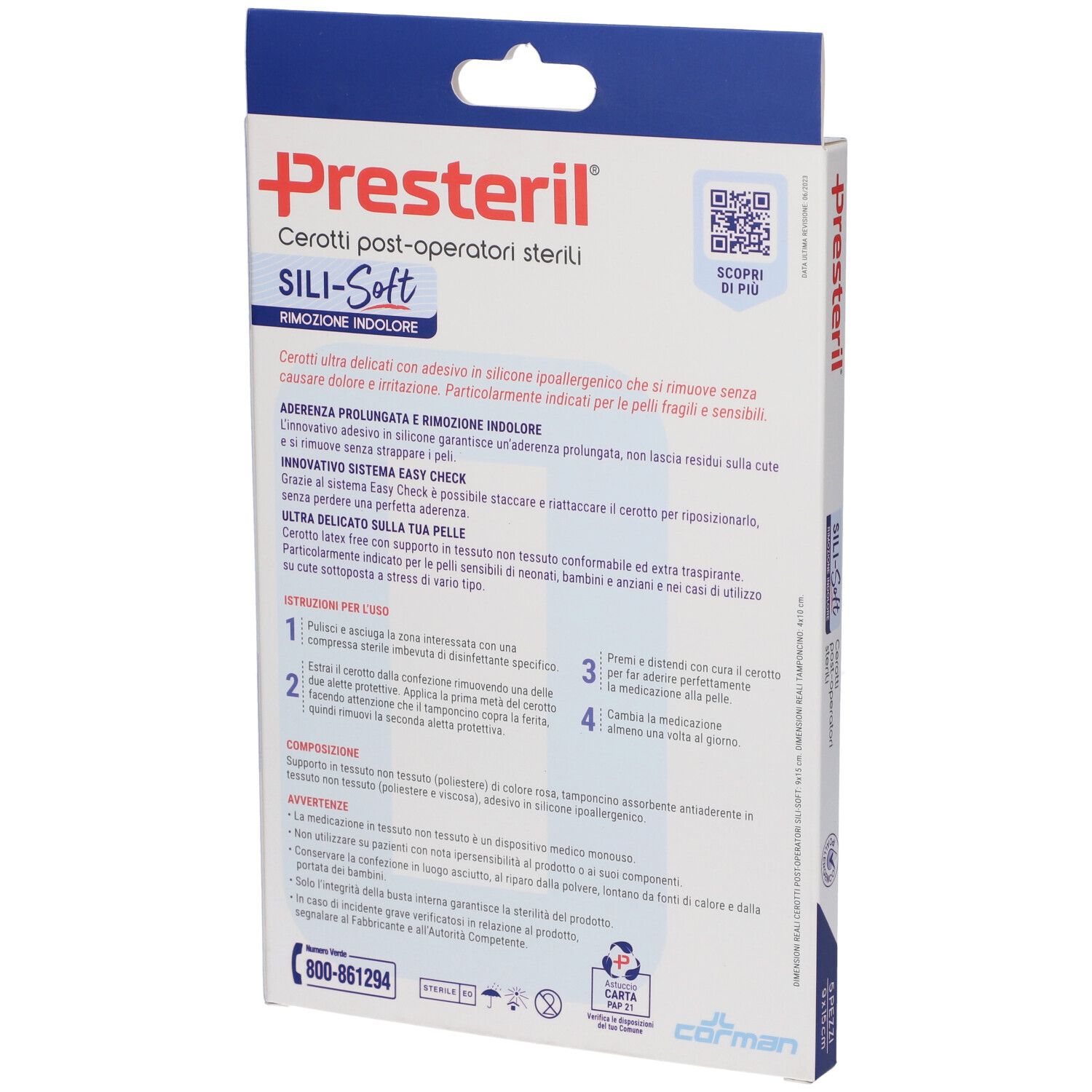 Retro della confezione di cerotti Presteril Sili-Soft. Testo: post-operatori sterili, rimozione indolore. Istruzioni per l'uso, ingredienti.