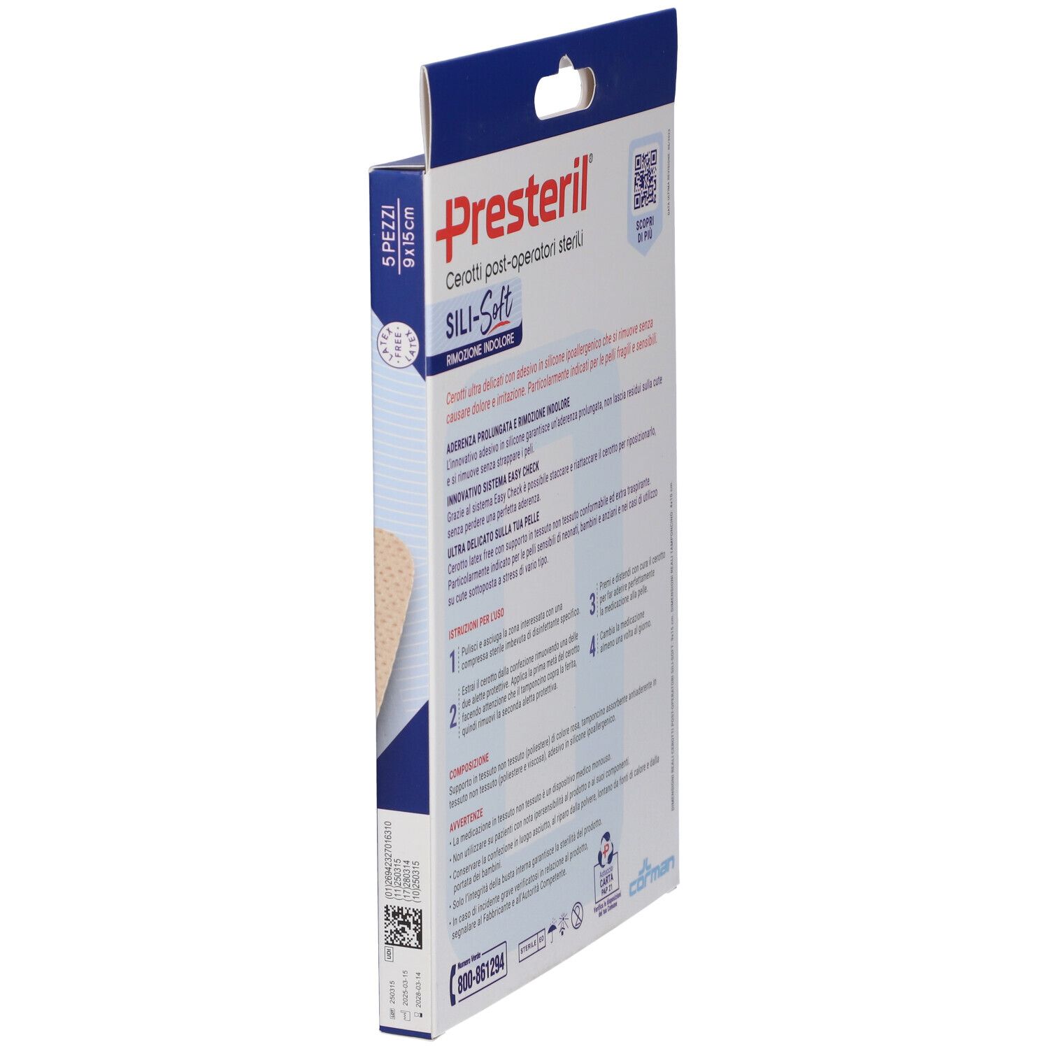 Vista laterale della confezione di cerotti Presteril Sili-Soft. Testo: post-operatori sterili, rimozione indolore. Istruzioni per l'uso.