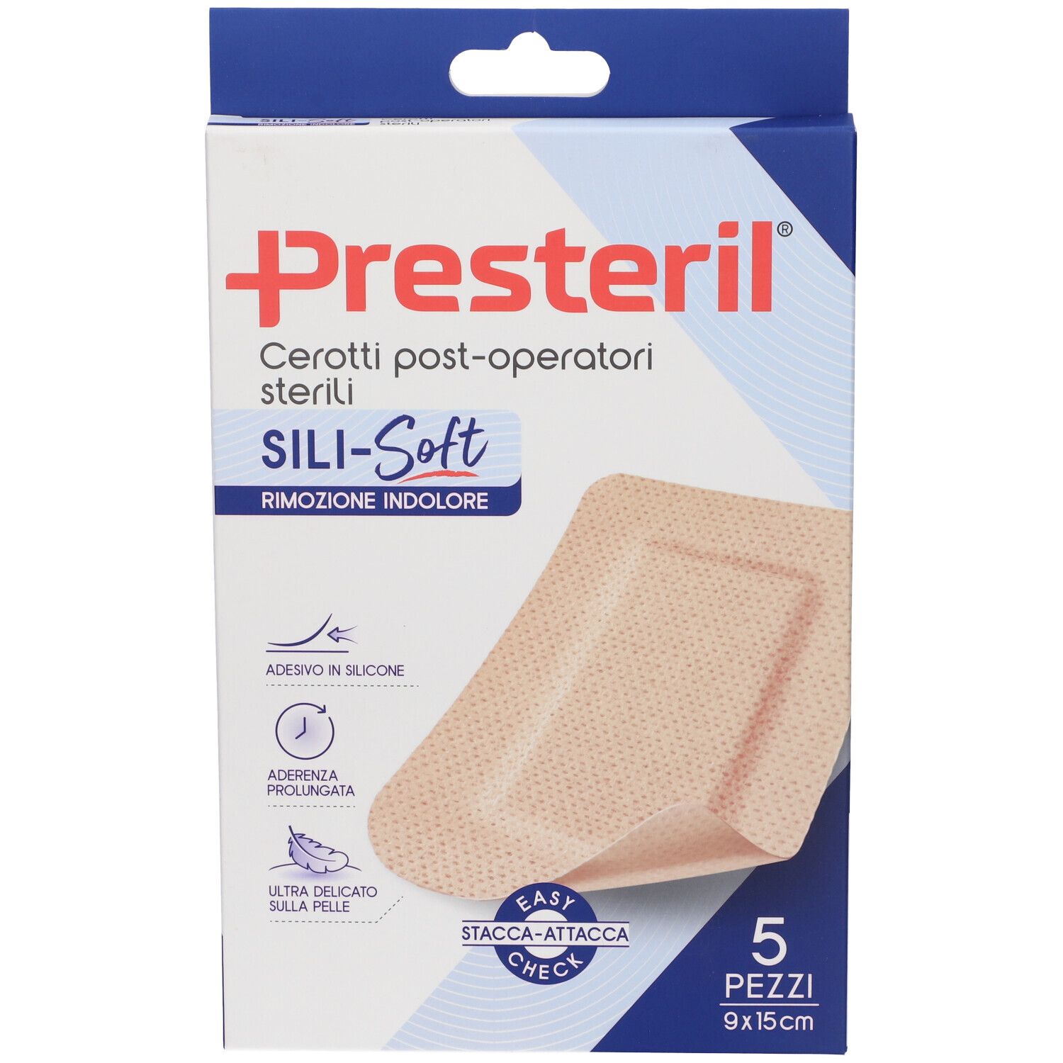 Confezione di cerotti Presteril Sili-Soft. 5 pezzi, 9x15cm. Scritte: post-operatori sterili, rimozione indolore. Adesivo silicone.