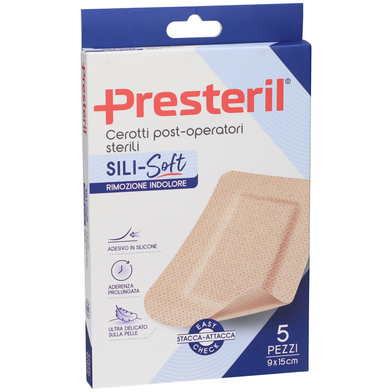 Confezione di cerotti Presteril Sili-Soft. 5 pezzi, 9x15cm. Scritte: post-operatori sterili, rimozione indolore. Adesivo silicone.