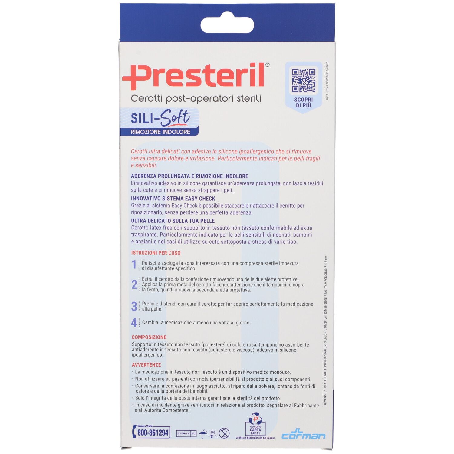 Retro della confezione. Testo in italiano. Marchio Presteril. Informazioni sui cerotti e il loro utilizzo.