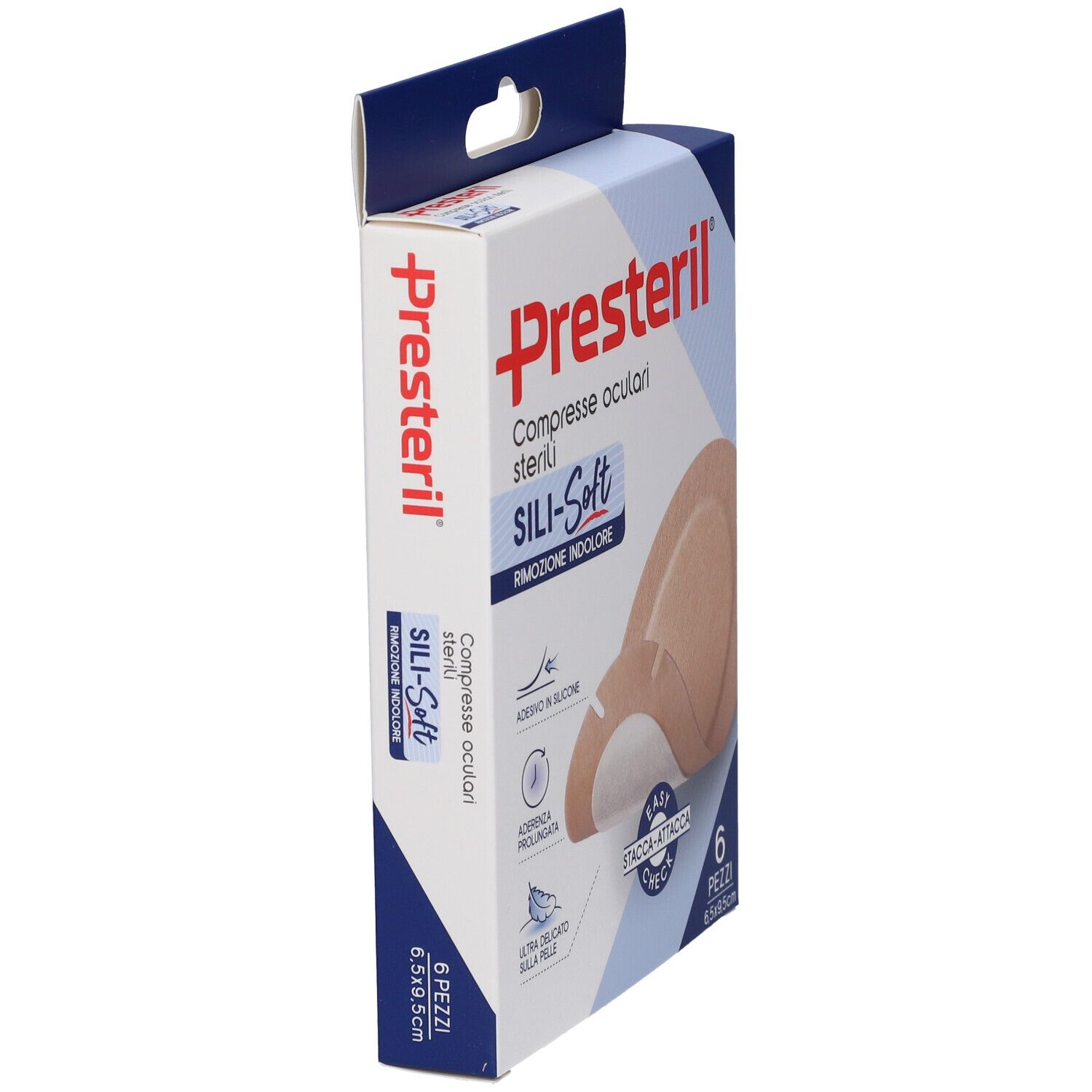 Vista laterale della confezione di compresse oculari Presteril. Nome prodotto, Sili-Soft, 6 pezzi, 6,5x9,5 cm. Confezione con gancio.