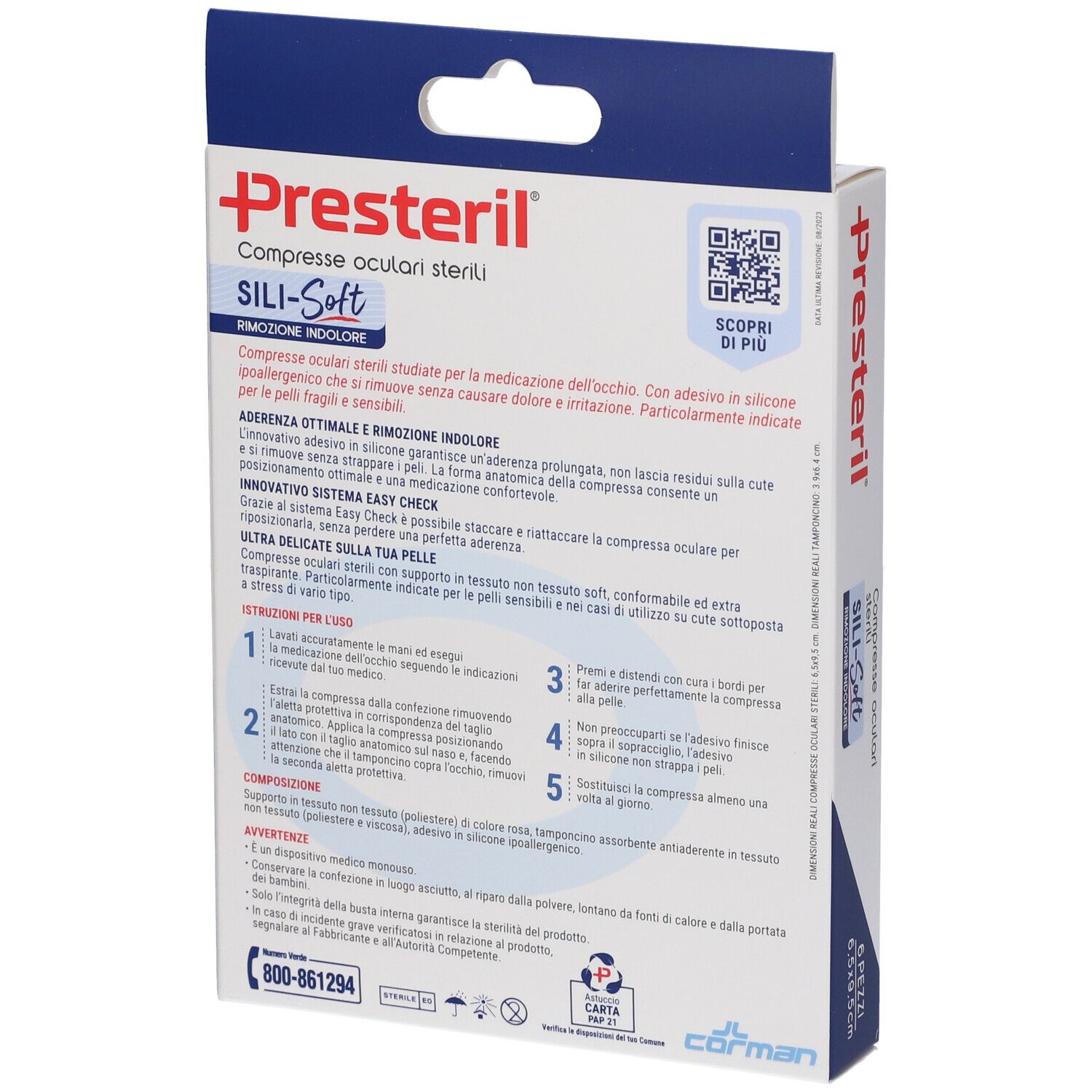 Retro della confezione di compresse oculari Presteril. Informazioni sul prodotto, istruzioni per l'uso, codice QR. Marchio Presteril.