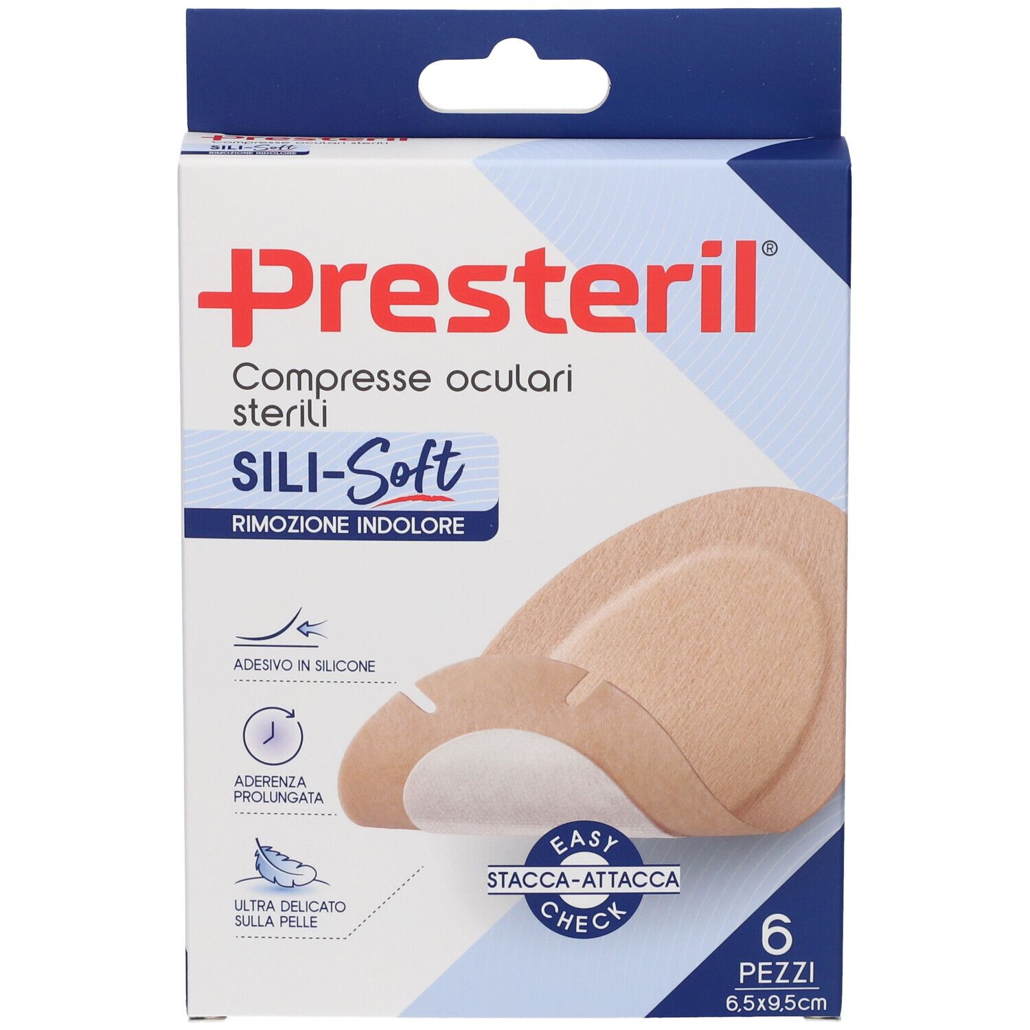 Confezione di compresse oculari Presteril. Sei pezzi, 6,5x9,5 cm. Sili-Soft, rimozione indolore. Caratteristiche e illustrazioni.