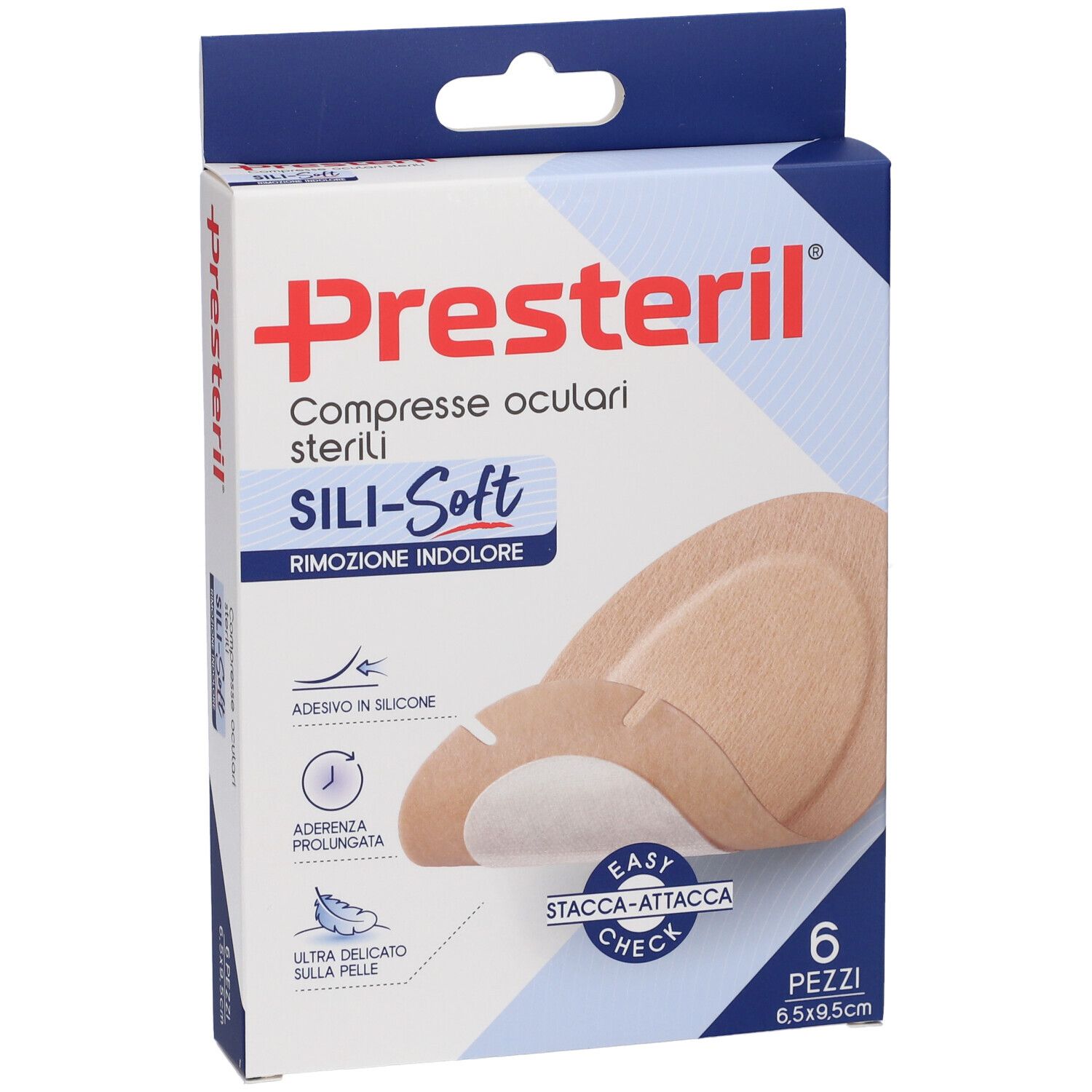 Confezione di compresse oculari Presteril. Sei pezzi, 6,5x9,5 cm. Sili-Soft, rimozione indolore. Caratteristiche e illustrazioni.