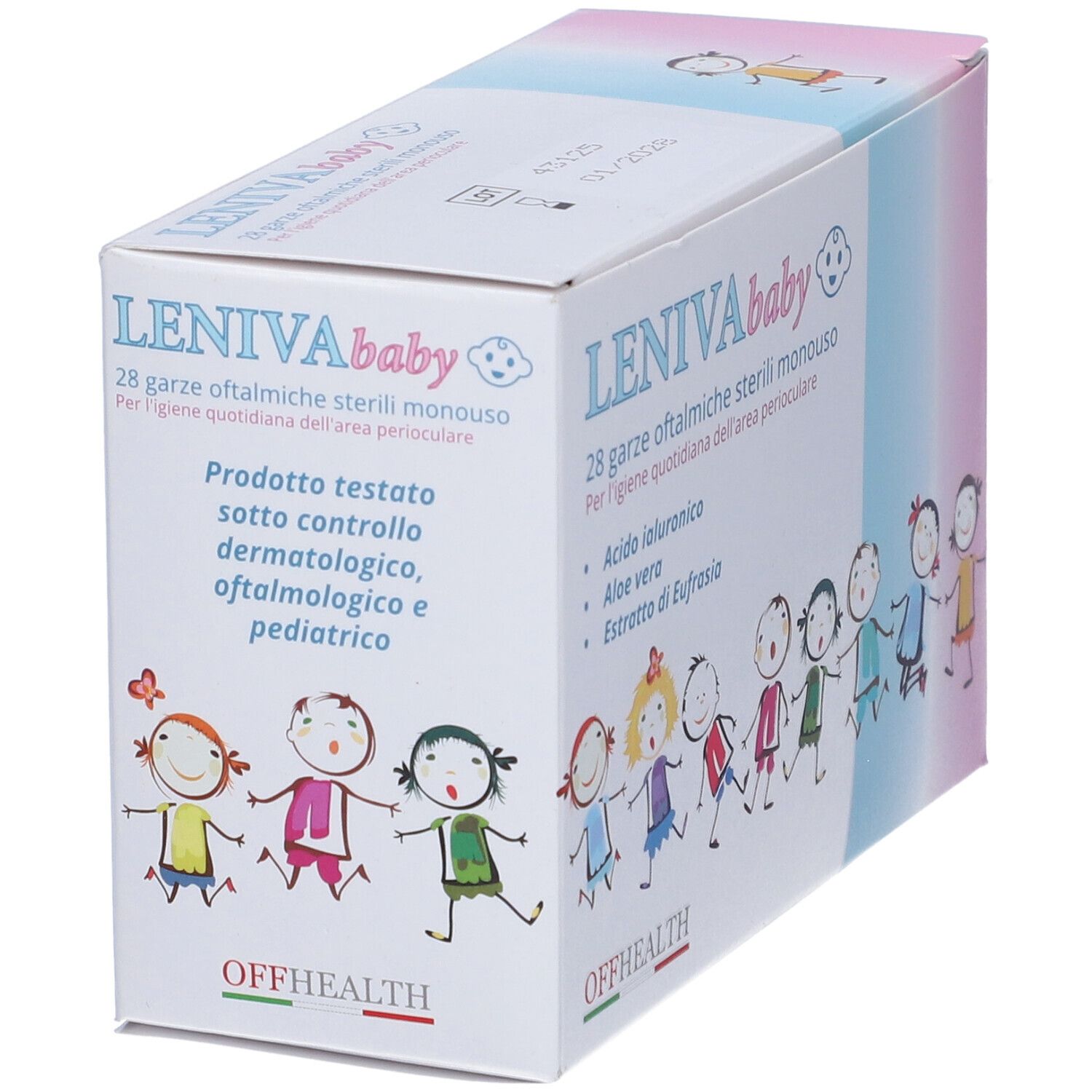 Scatola "LENIVA baby" con 28 garze oftalmiche sterili. Prodotto testato sotto controllo dermatologico, oftalmologico e pediatrico.