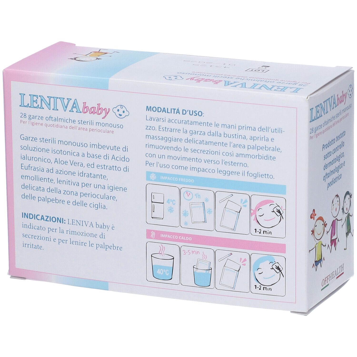 Retro della scatola "LENIVA baby". Istruzioni per l'uso con illustrazioni. Per gli occhi.