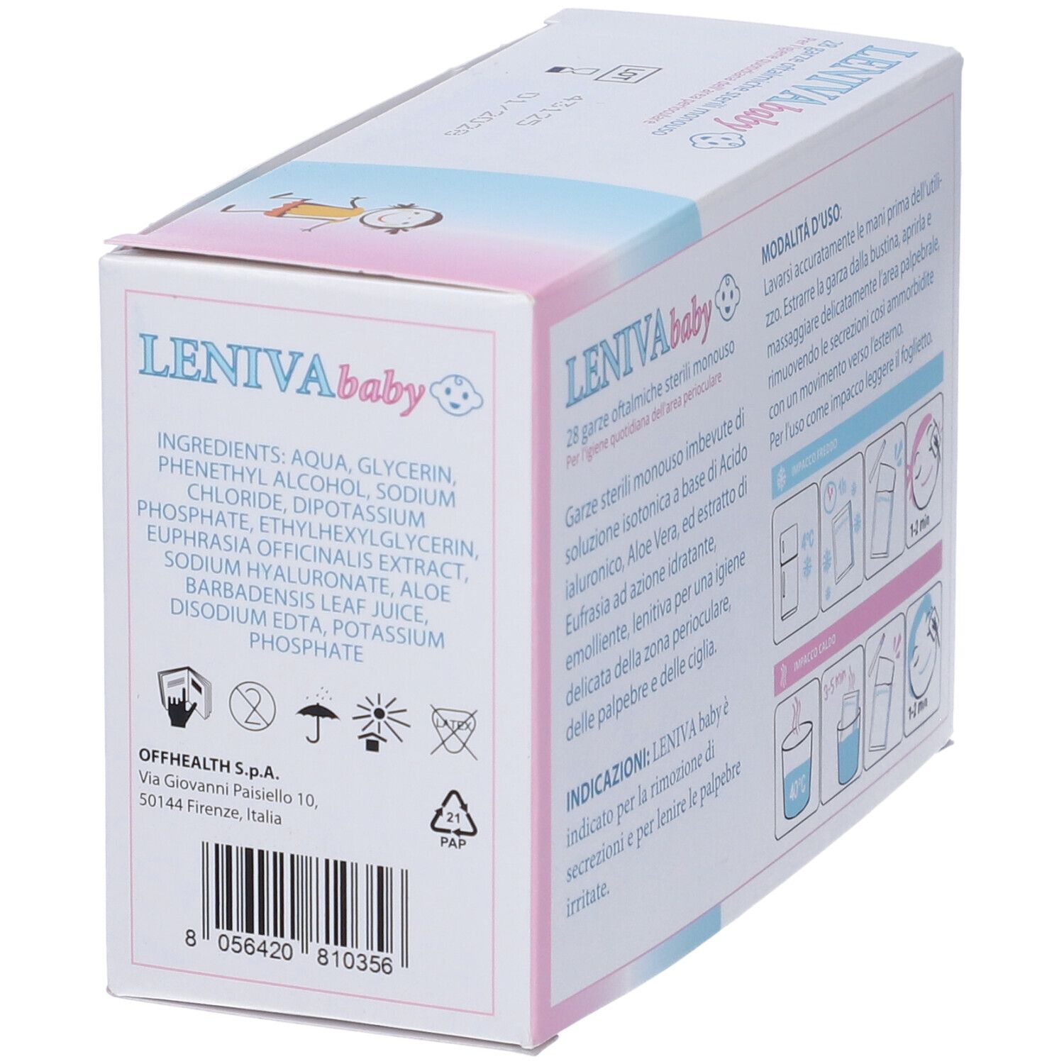 Retro della scatola "LENIVA baby" con ingredienti e informazioni del produttore. Codice a barre.
