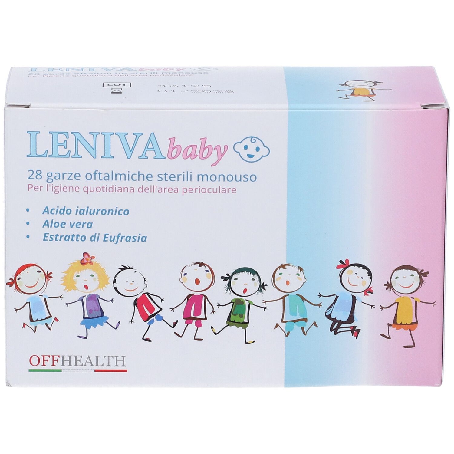 Scatola "LENIVA baby" con 28 garze oftalmiche sterili. Contiene acido ialuronico, aloe vera ed estratto di Euphrasia.