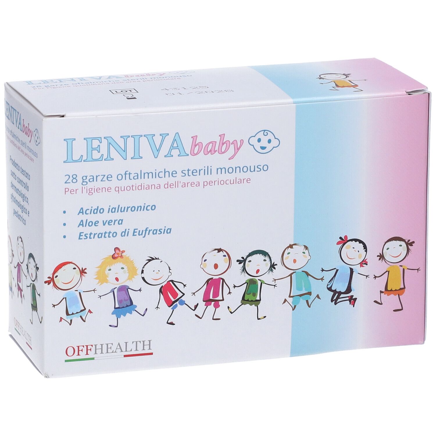 Scatola "LENIVA baby" con 28 garze oftalmiche sterili. Illustrazione di bambini.