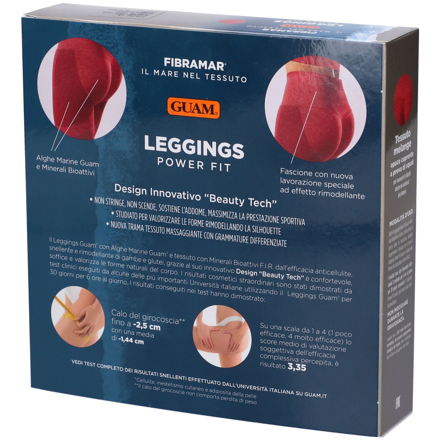 Retro confezione GUAM Leggings Power Fit. Immagini di gambe. Testo: Alge Marine Guam e Minerali Bioattivi.