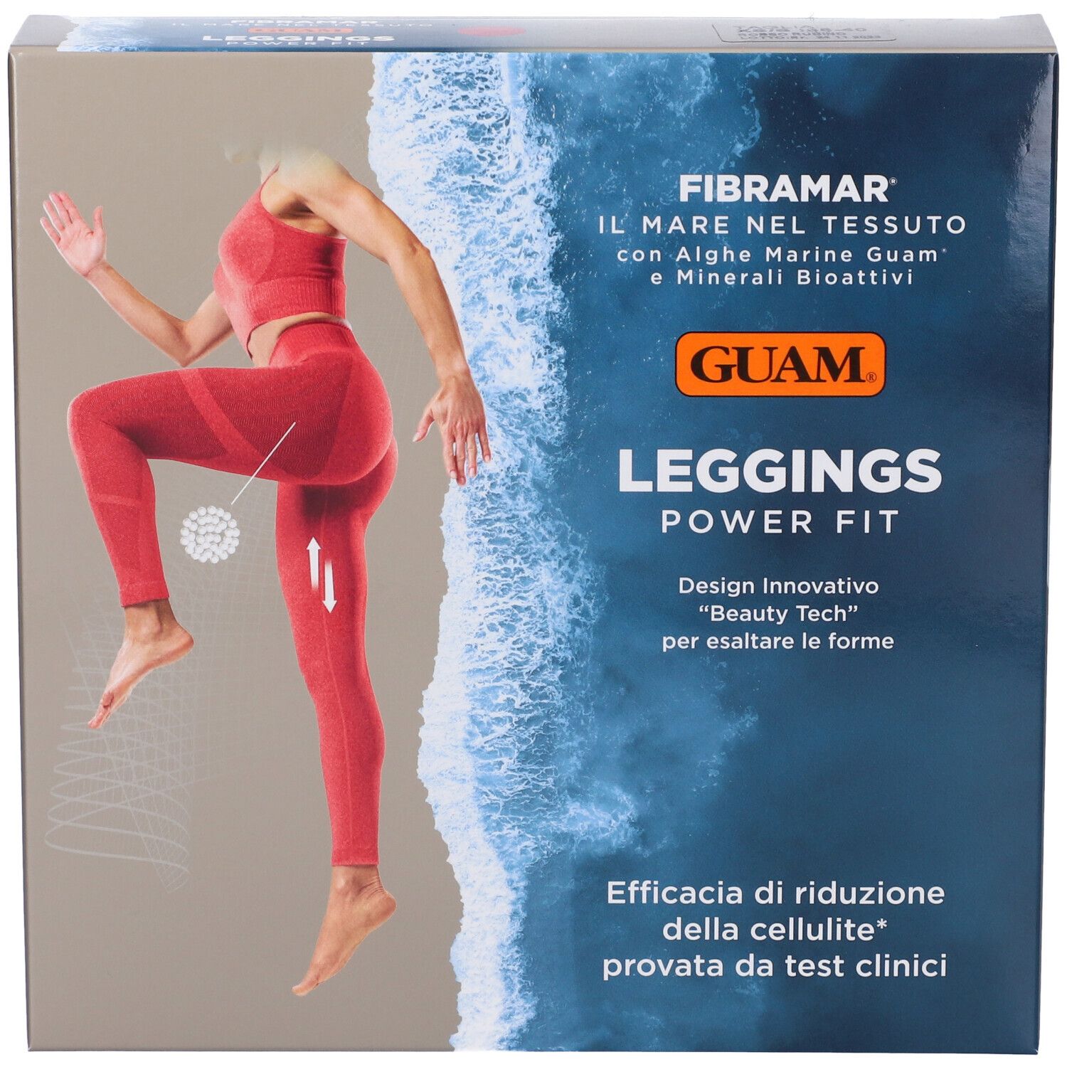 Confezione GUAM Leggings Power Fit. Donna in abbigliamento sportivo rosso. Testo: Efficacia di riduzione della cellulite.