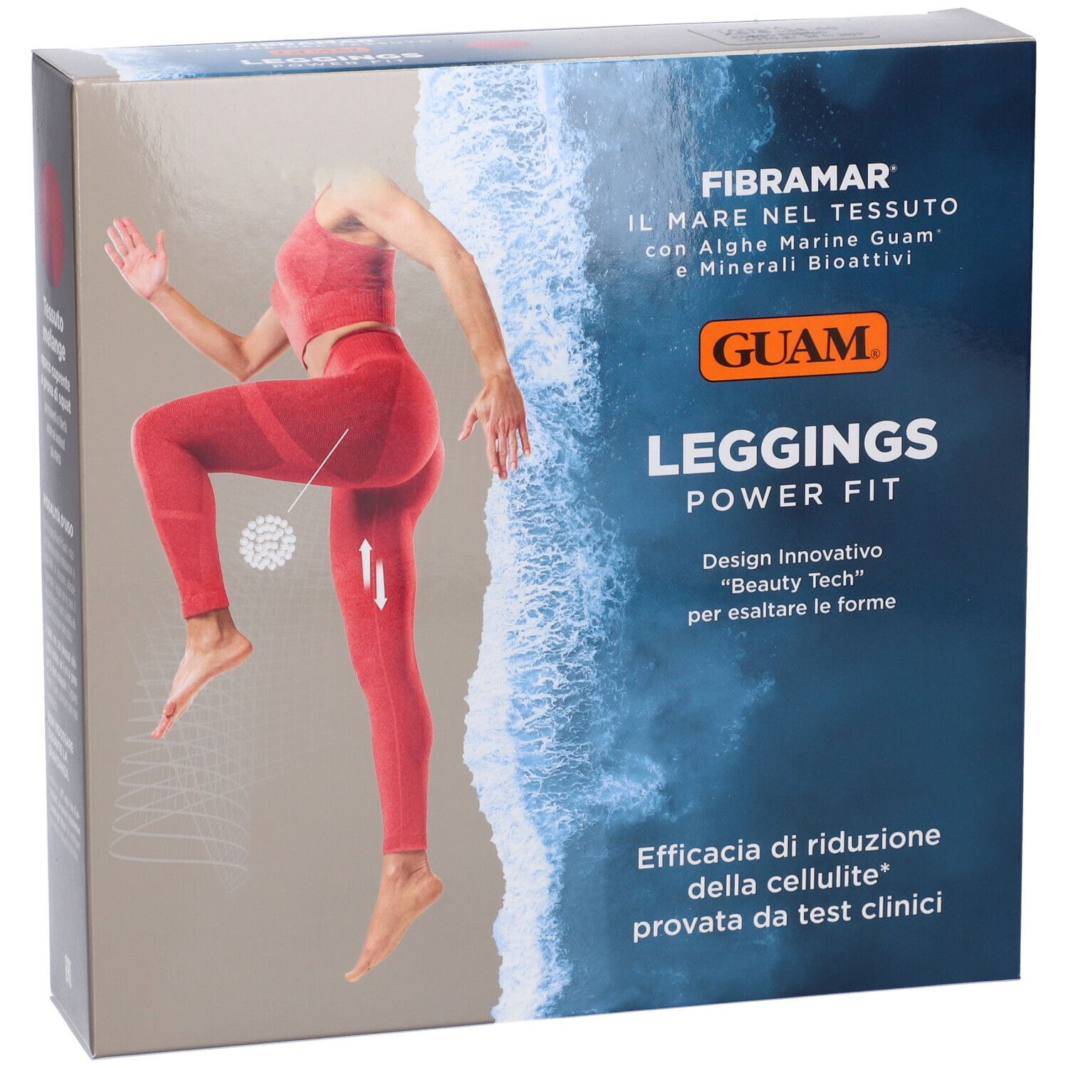 Confezione GUAM Leggings Power Fit. Donna in abbigliamento sportivo rosso. Testo: Efficacia di riduzione della cellulite.