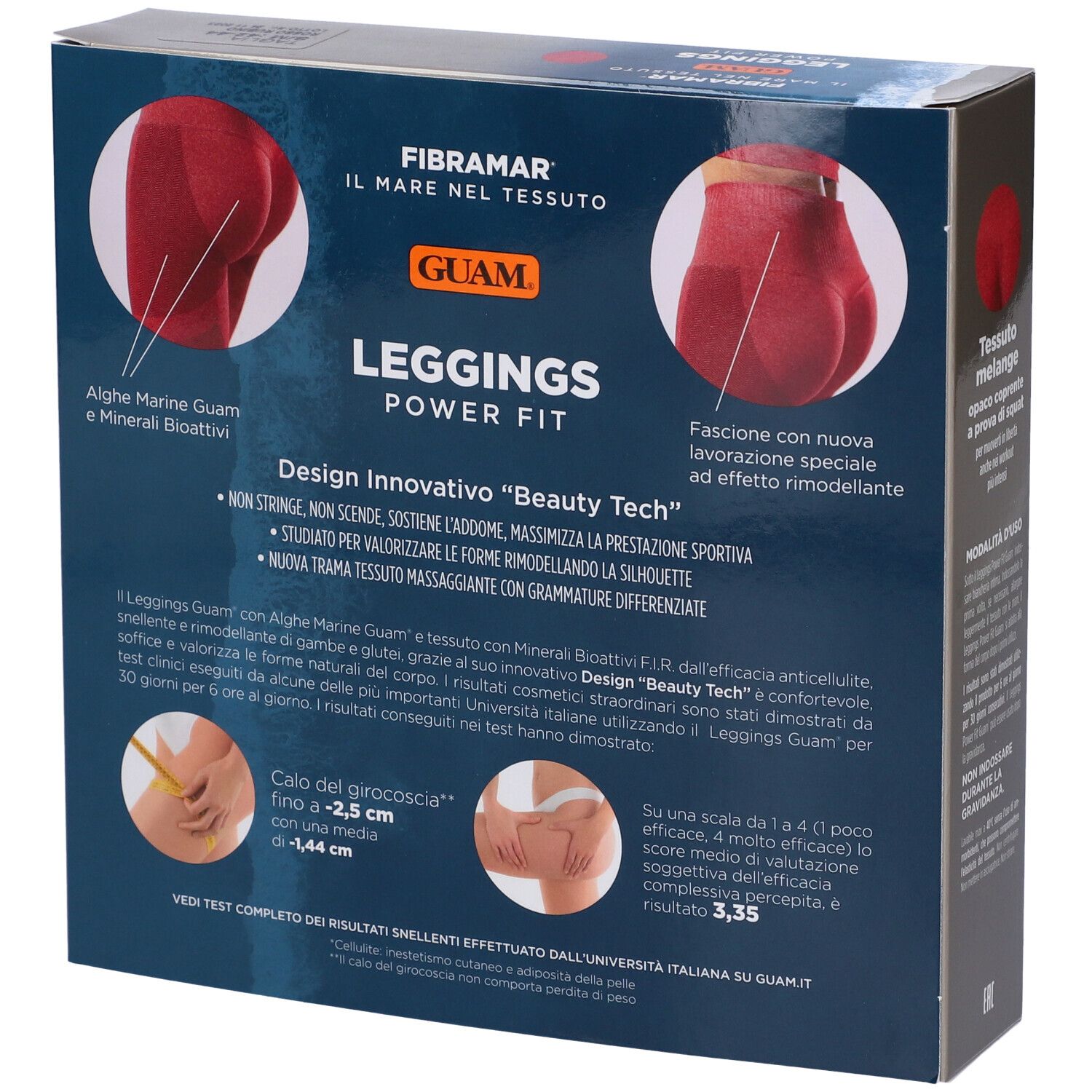 Confezione di leggings rossi. Testo: Guam Leggings Power Fit. Scritta: Fibramar, alghe, minerali. Dettagli sull'effetto.