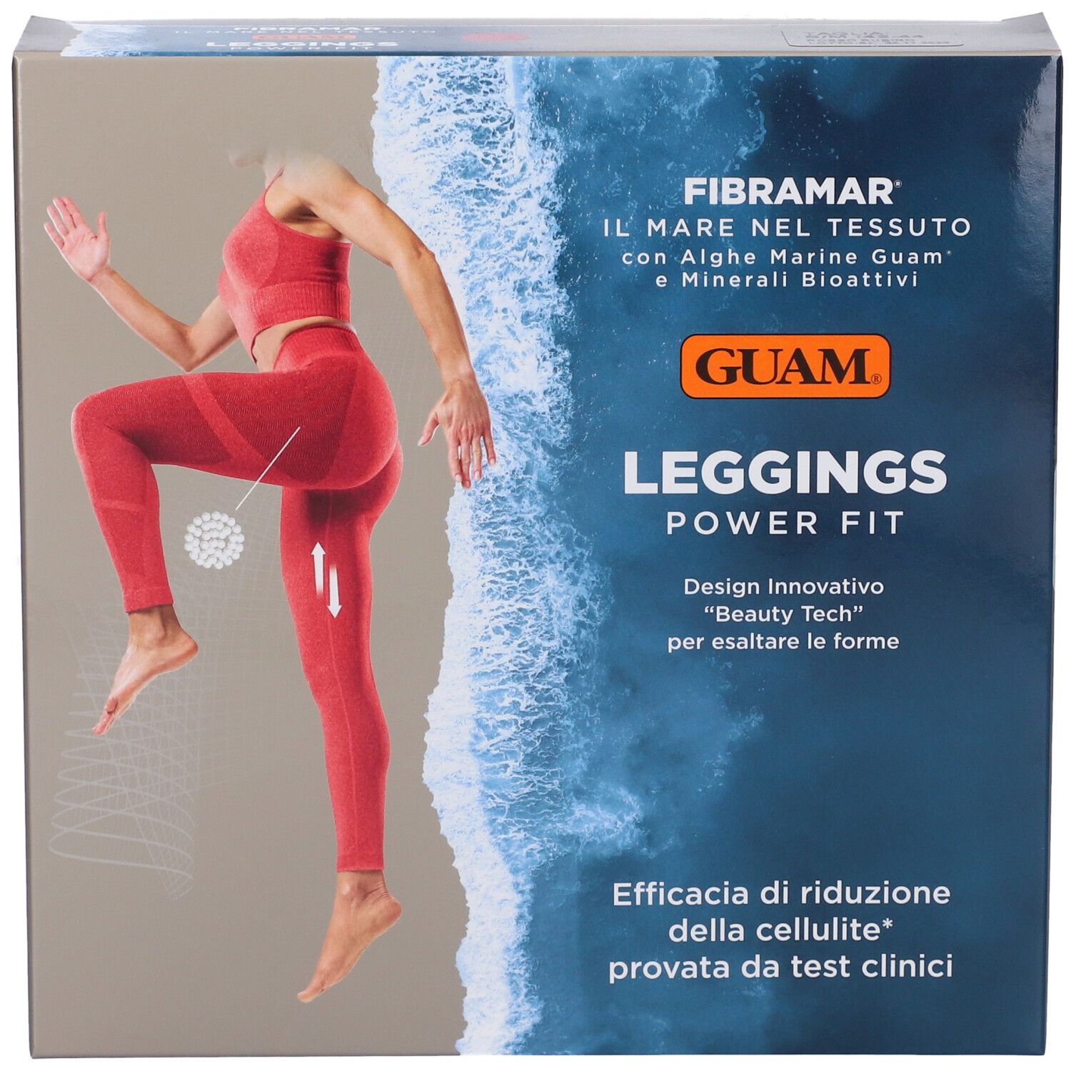 Confezione di leggings rossi. Testo: Guam Leggings Power Fit. Scritta: Fibramar, alghe, minerali. Immagine di una donna.