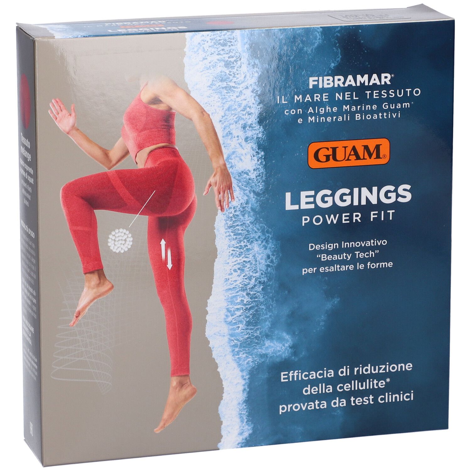 Confezione di leggings rossi. Testo: Guam Leggings Power Fit. Scritta: Fibramar, alghe, minerali. Immagine di una donna.