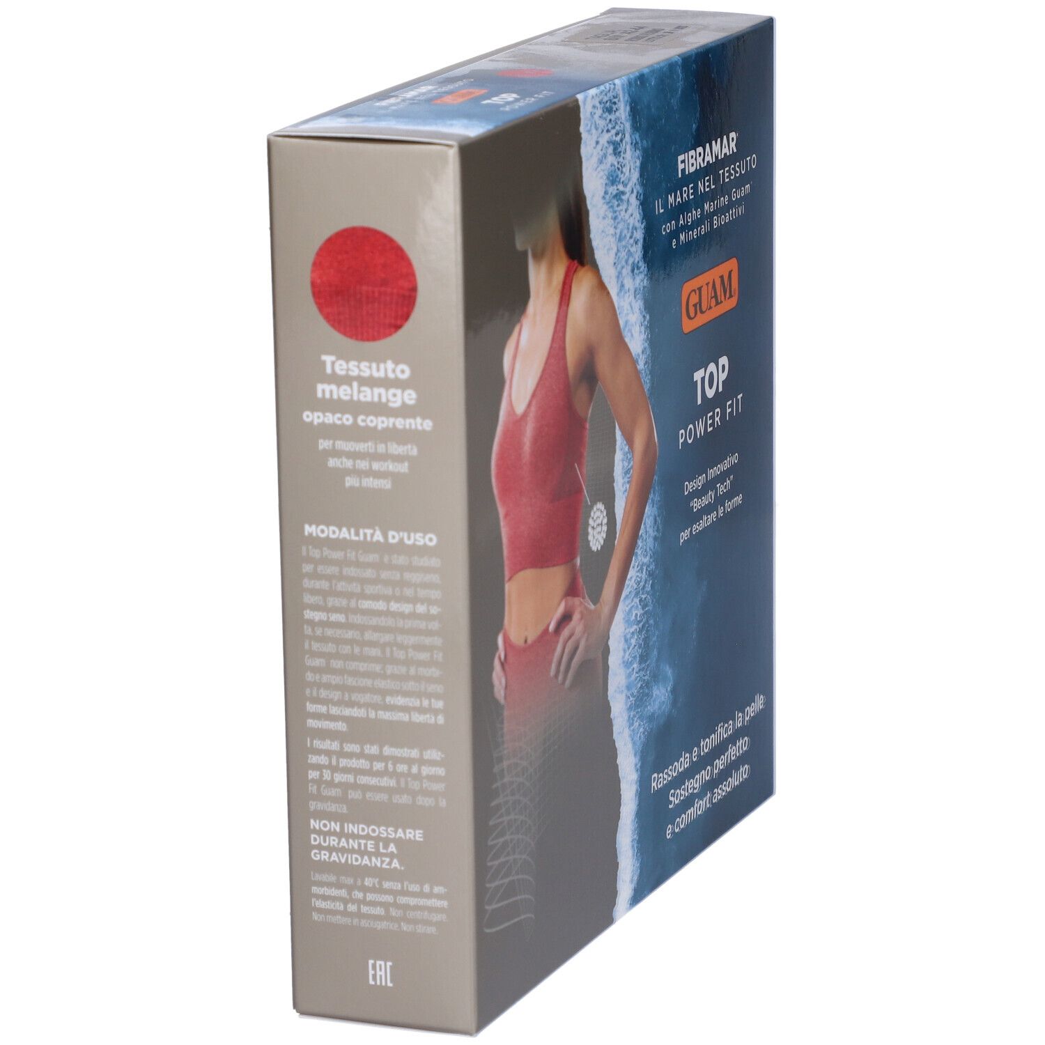 Lato confezione con top sportivo rosso. Testo: Guam Top Power Fit. Tessuto melange opaco coprente.