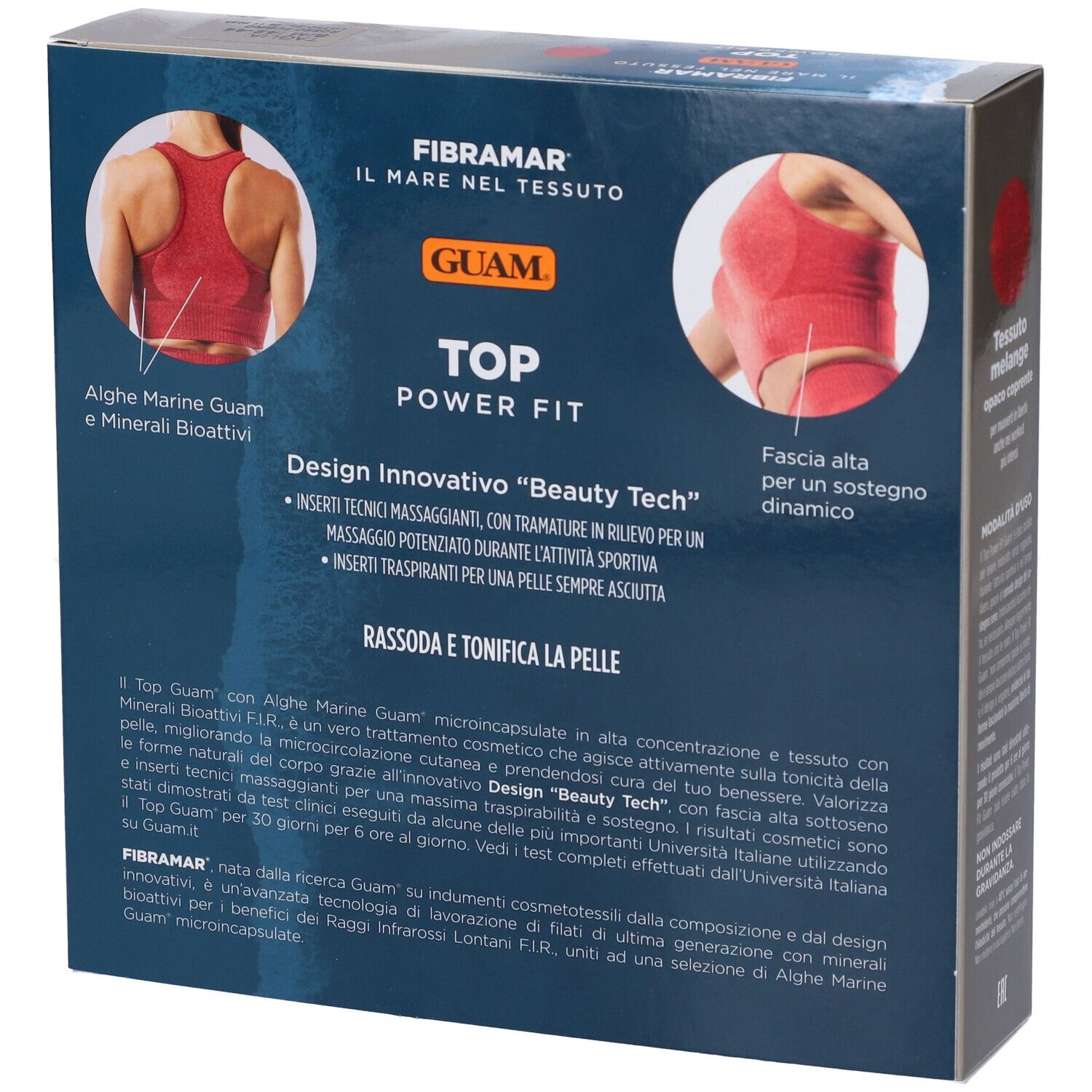 Retro confezione con top sportivo rosso. Testo: Guam Top Power Fit. Design Innovativo "Beauty Tech".