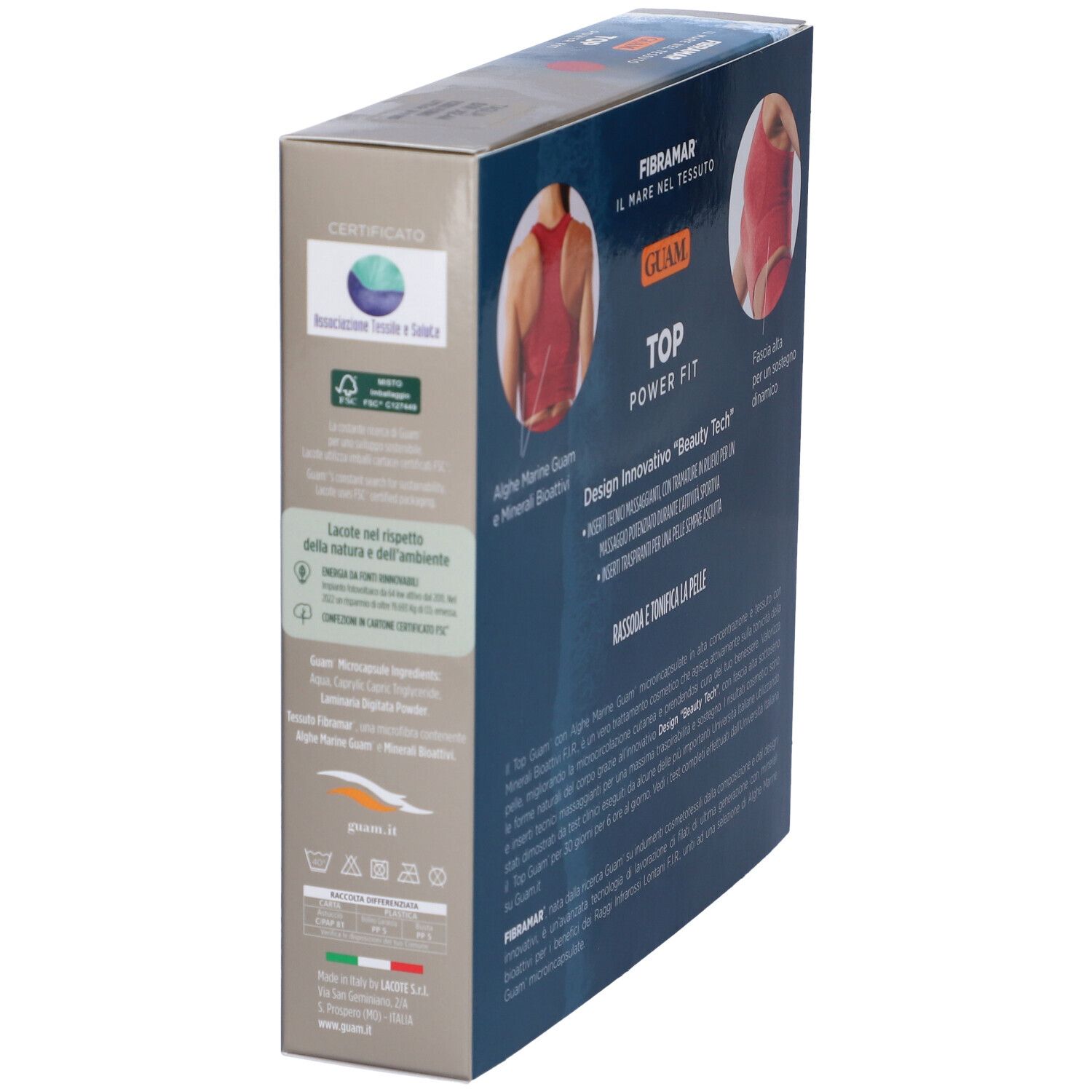Lato confezione con top sportivo rosso. Testo: Guam Top Power Fit. Certificazioni e loghi.