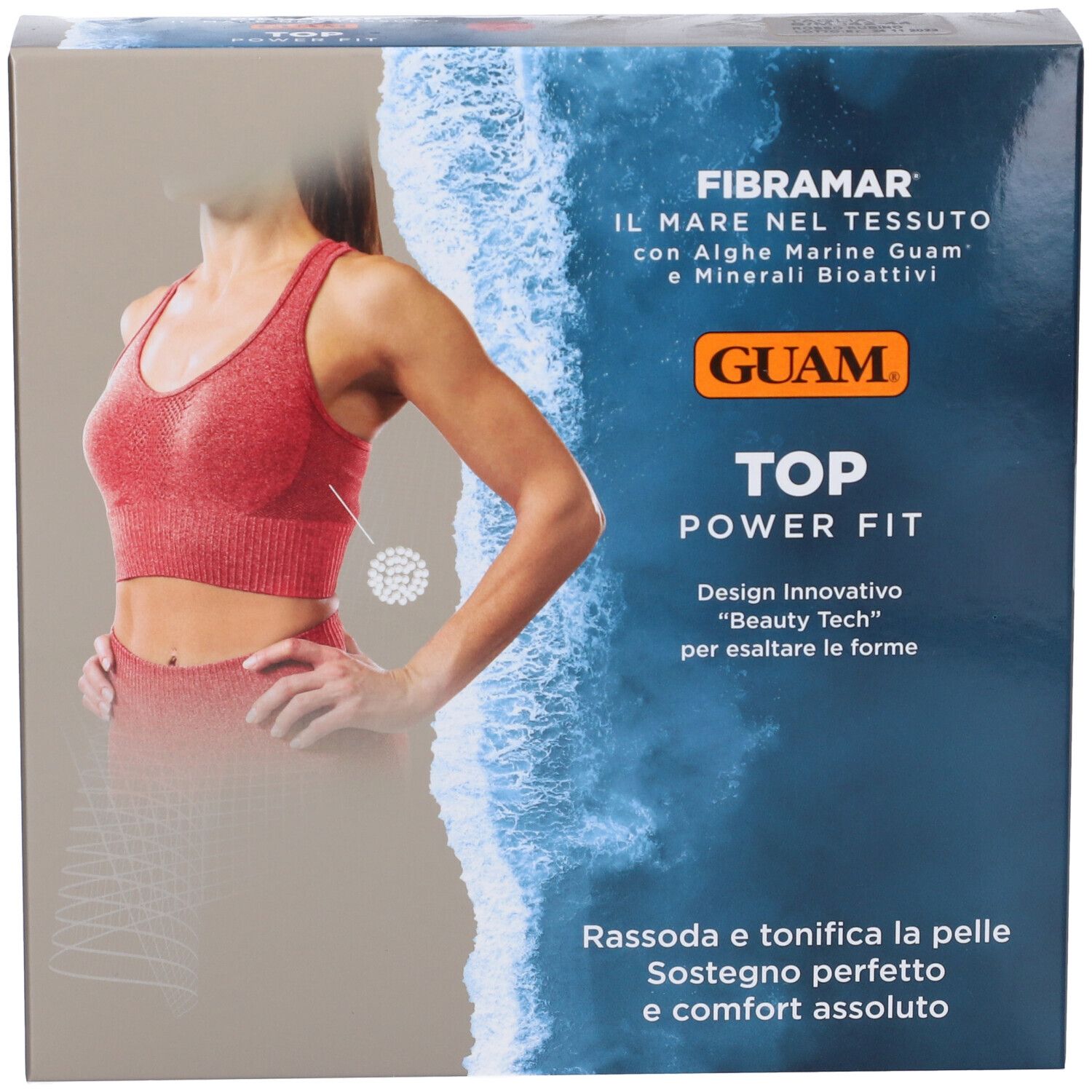 Confezione con top sportivo rosso. Testo: Guam Top Power Fit. Design Innovativo "Beauty Tech".