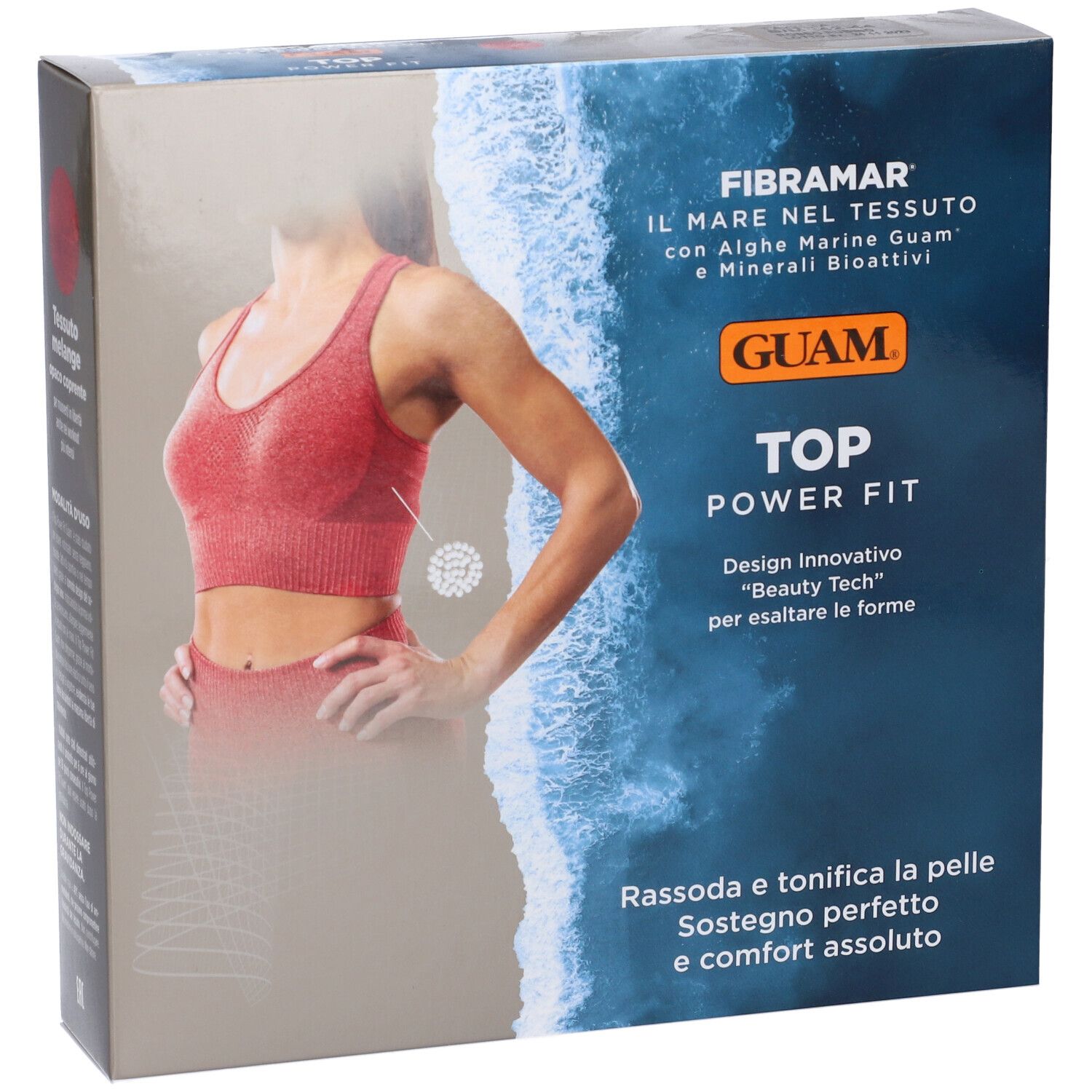 Confezione con top sportivo rosso. Testo: Guam Top Power Fit. Design Innovativo "Beauty Tech".