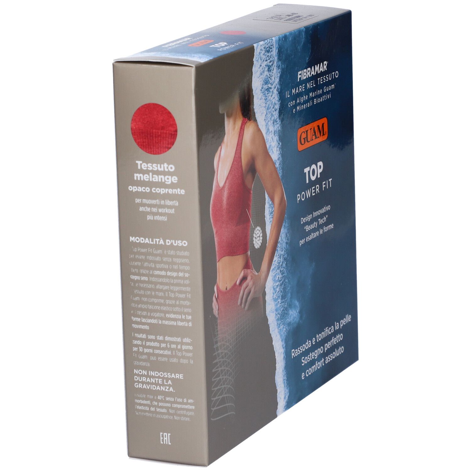Confezione. Scritta: Guam Top Power Fit, Rosso Rubino. Vista laterale. Testo e immagine di una donna.