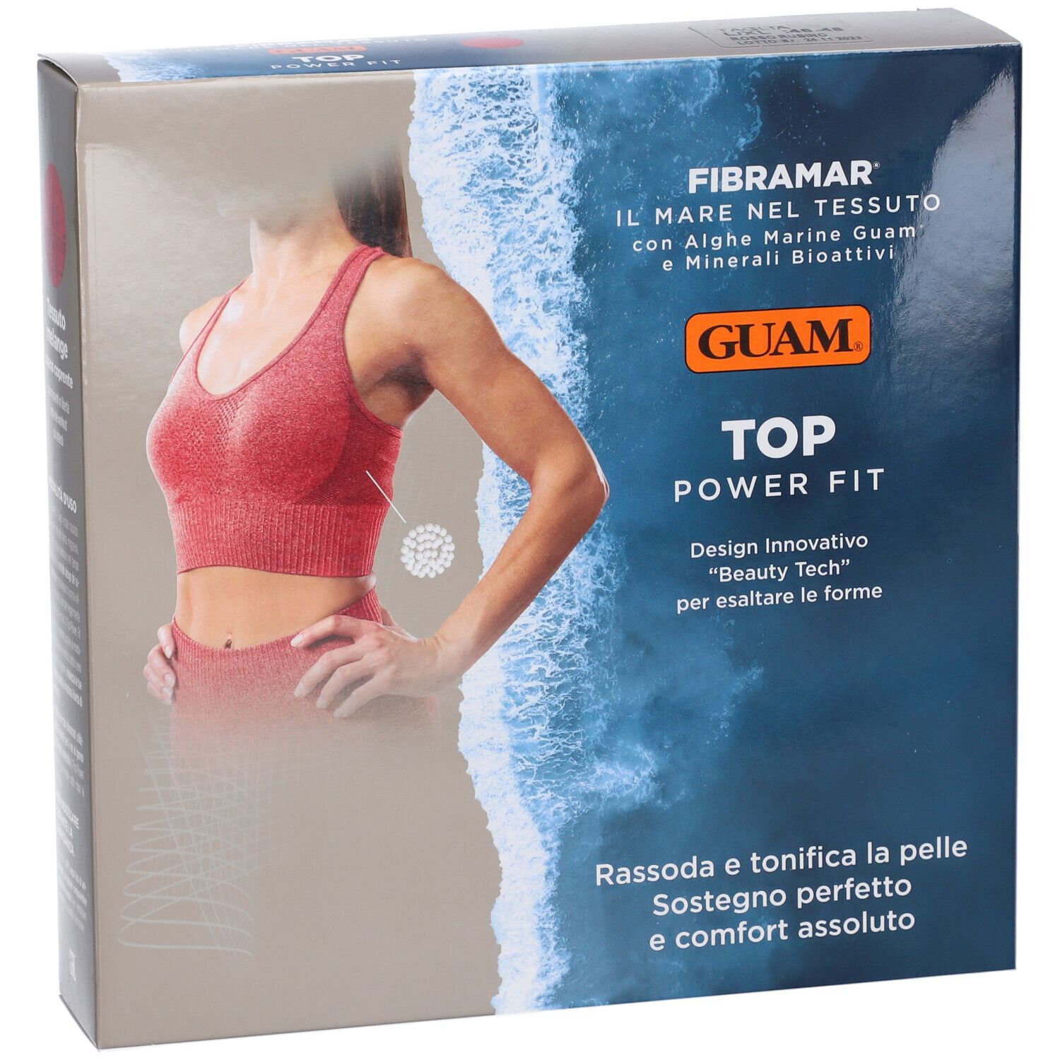 Confezione. Scritta: Guam Top Power Fit, Rosso Rubino. Immagine di donna in abbigliamento sportivo.