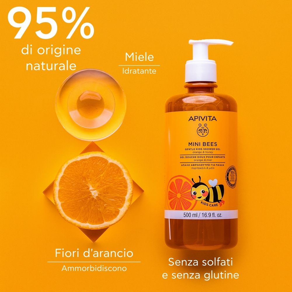 Flacone arancione con dosatore. Testo: 95% di origine naturale. Illustrazione di arancia e miele. Senza solfati e glutine.
