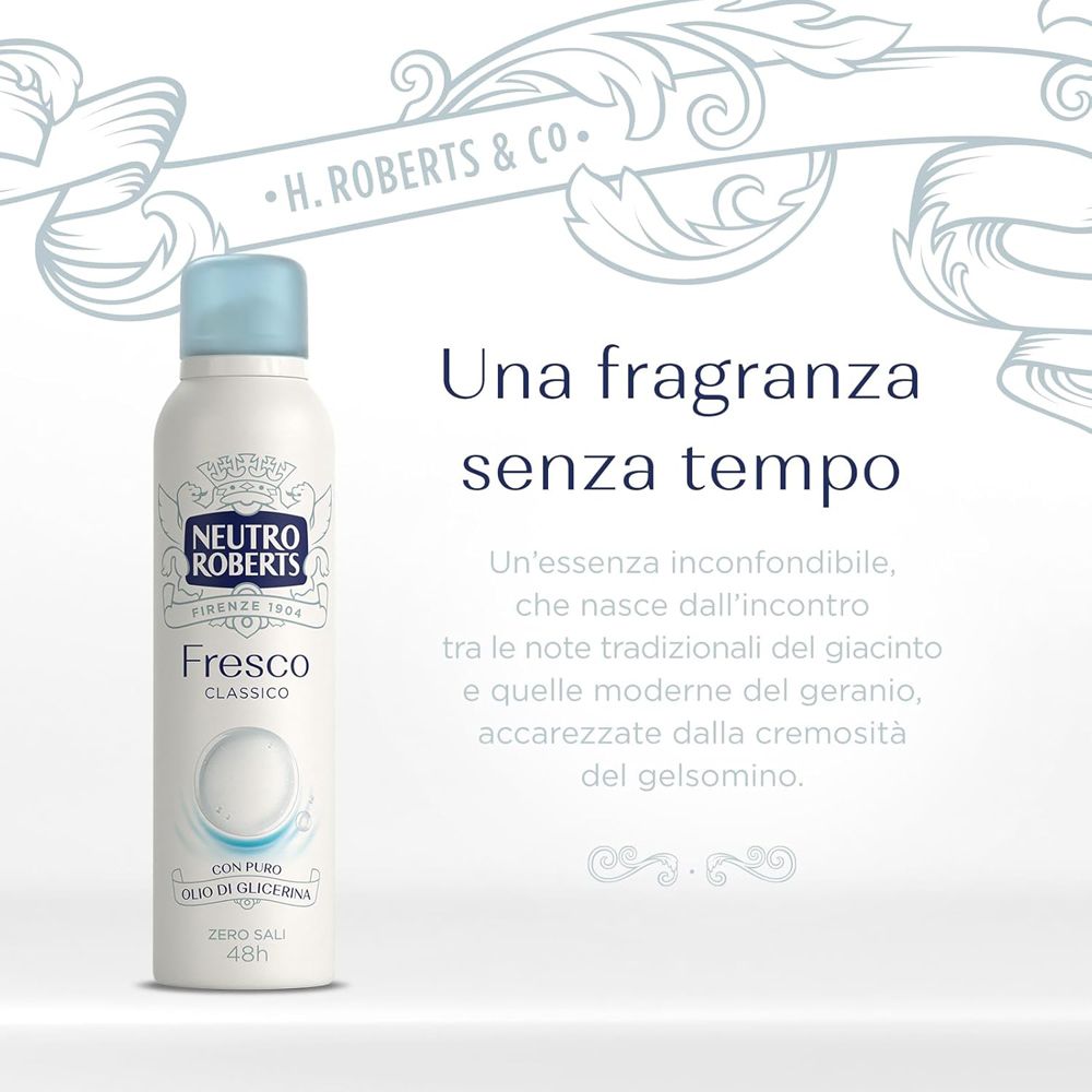 Spray Neutro Roberts Fresco Azzurro. Testo: Una fragranza senza tempo. Prodotto e sfondo con testo.