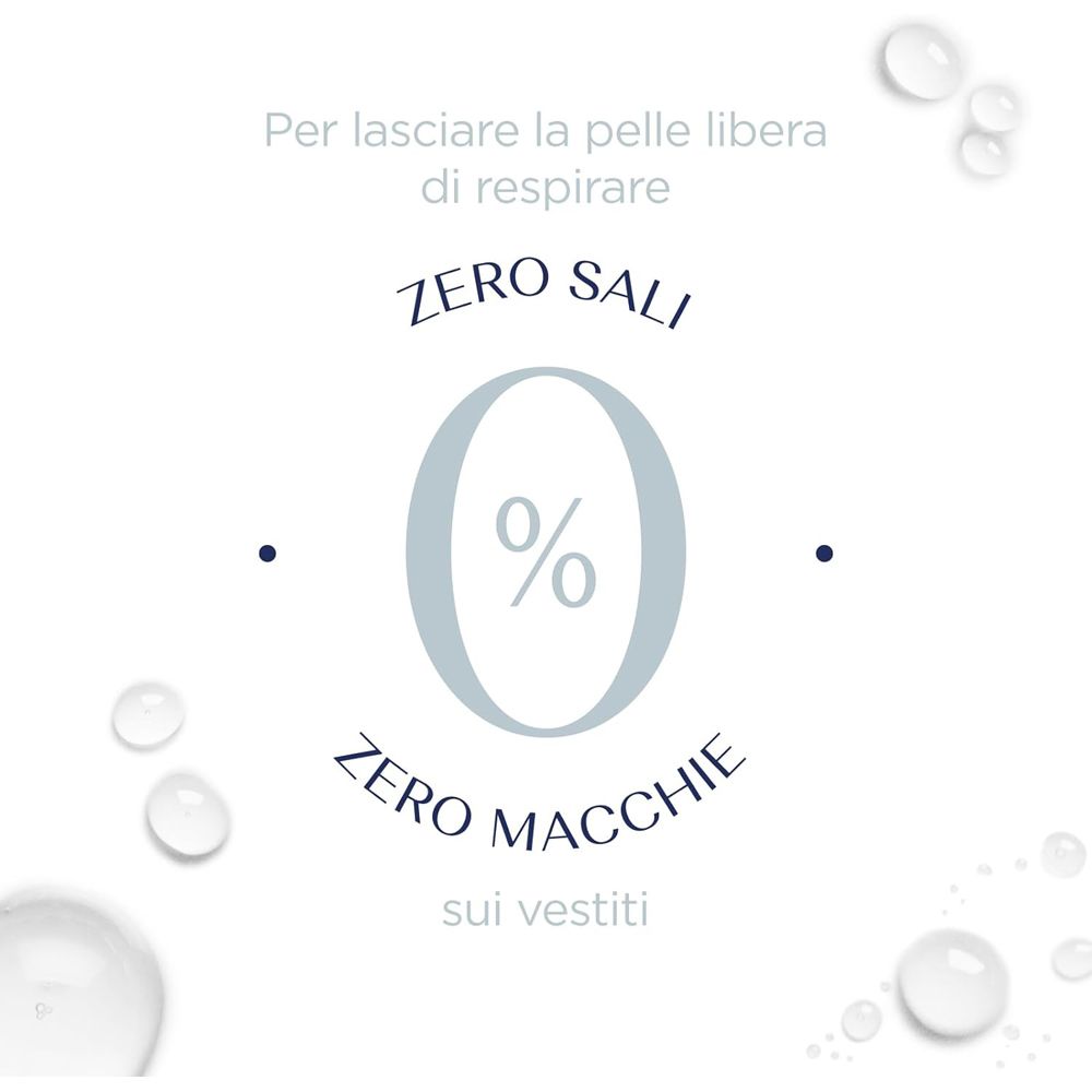 Testo: Per lasciare la pelle libera di respirare. Zero Sali, Zero Macchie sui vestiti. Gocce d'acqua.