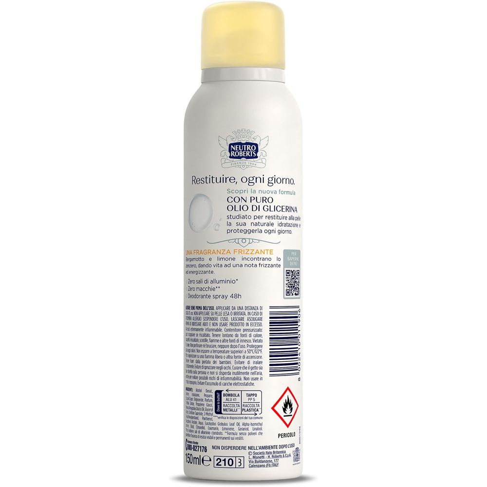 Retro dello spray. Testo: Restituire, ogni giorno. Con glicerina. Zero Sali, 48h. Avvertenze e ingredienti.