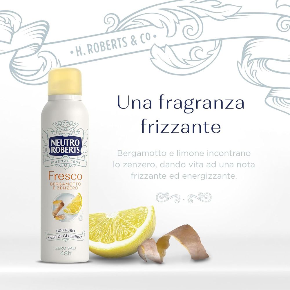 Immagine pubblicitaria. Spray, limone e zenzero. Testo: Una fragranza frizzante. Bergamotto e limone incontrano lo zenzero.