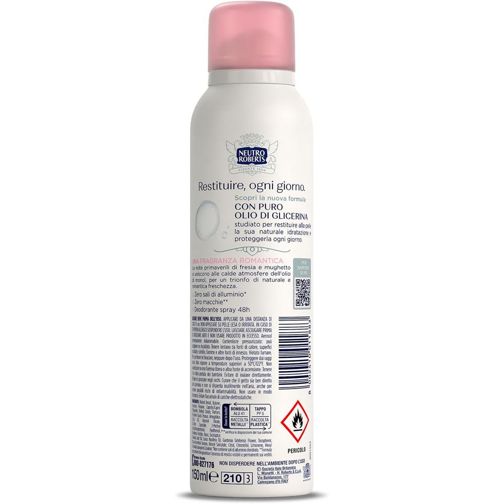 Retro del deodorante spray Neutro Roberts Fresco. Testo, codice QR, avvertenze.