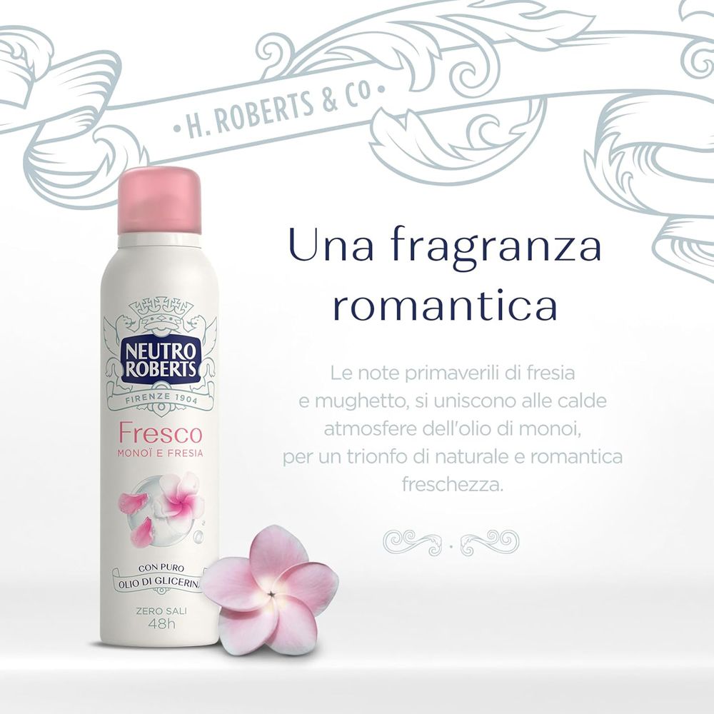 Deodorante spray Neutro Roberts Fresco con testo e fiore. Sfondo con ornamenti.