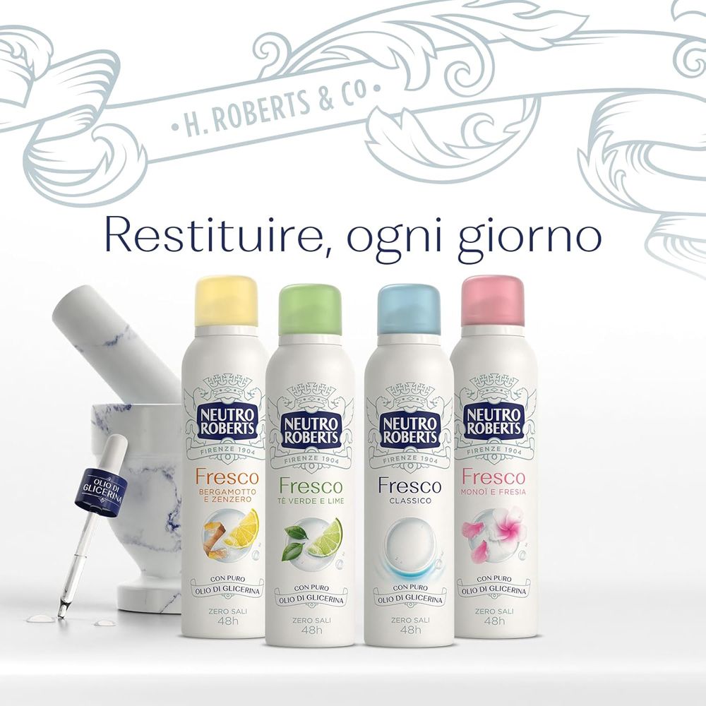 Quattro deodoranti spray Neutro Roberts Fresco. Diverse fragranze, sfondo con utensili.