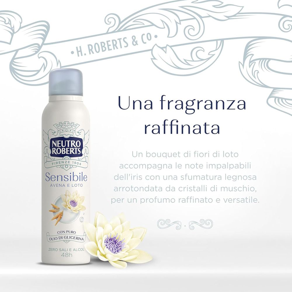 Testo sopra lo spray Neutro Roberts. Una fragranza raffinata. Testo e illustrazione.