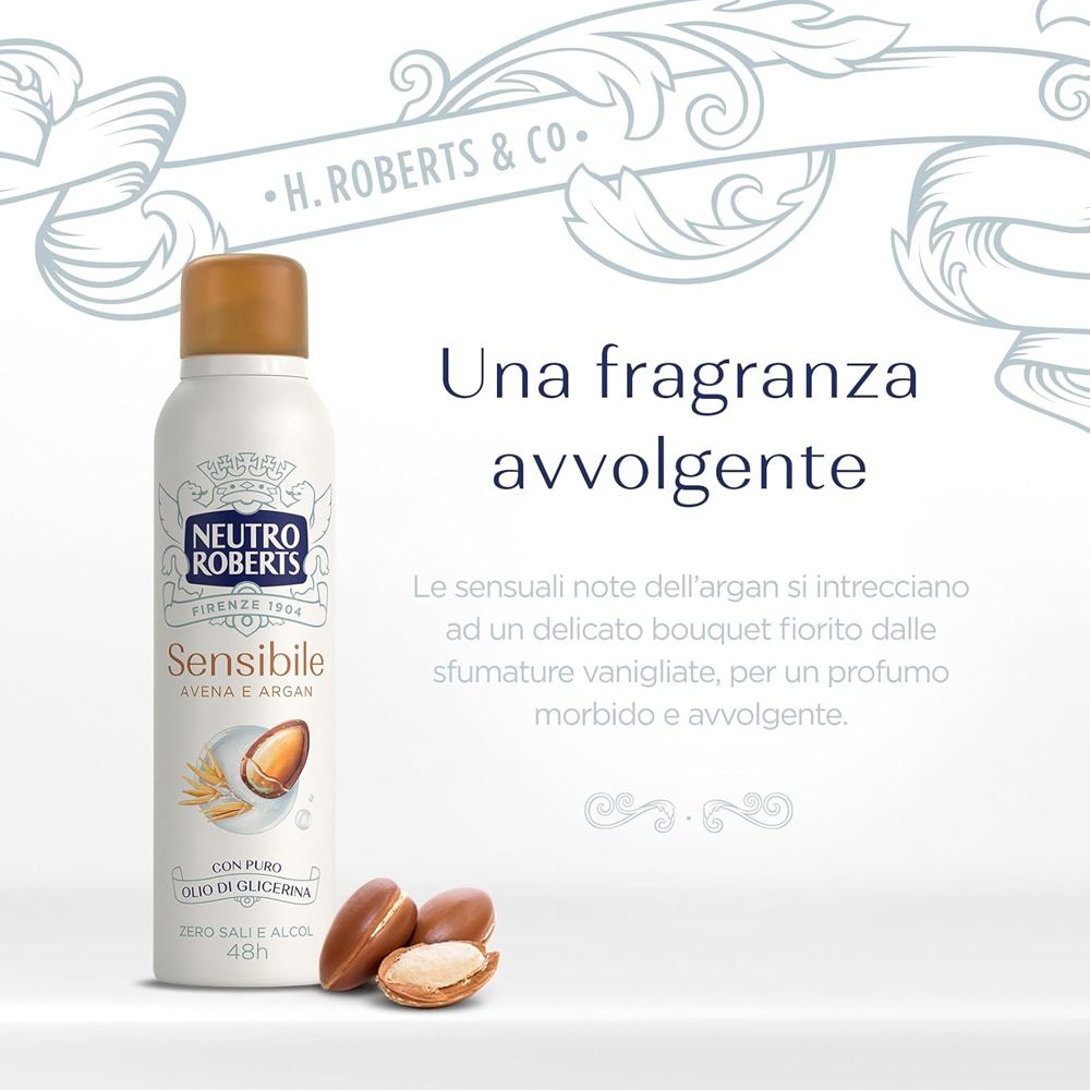 Spray deodorante Neutro Roberts con motivo argan e avena. Testo: Una fragranza avvolgente.
