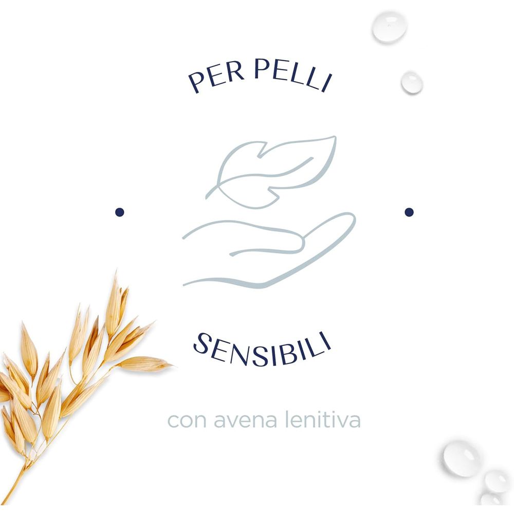 Grafica con mano, foglia e spiga d'avena. Testo: Per pelli sensibili con avena lenitiva.