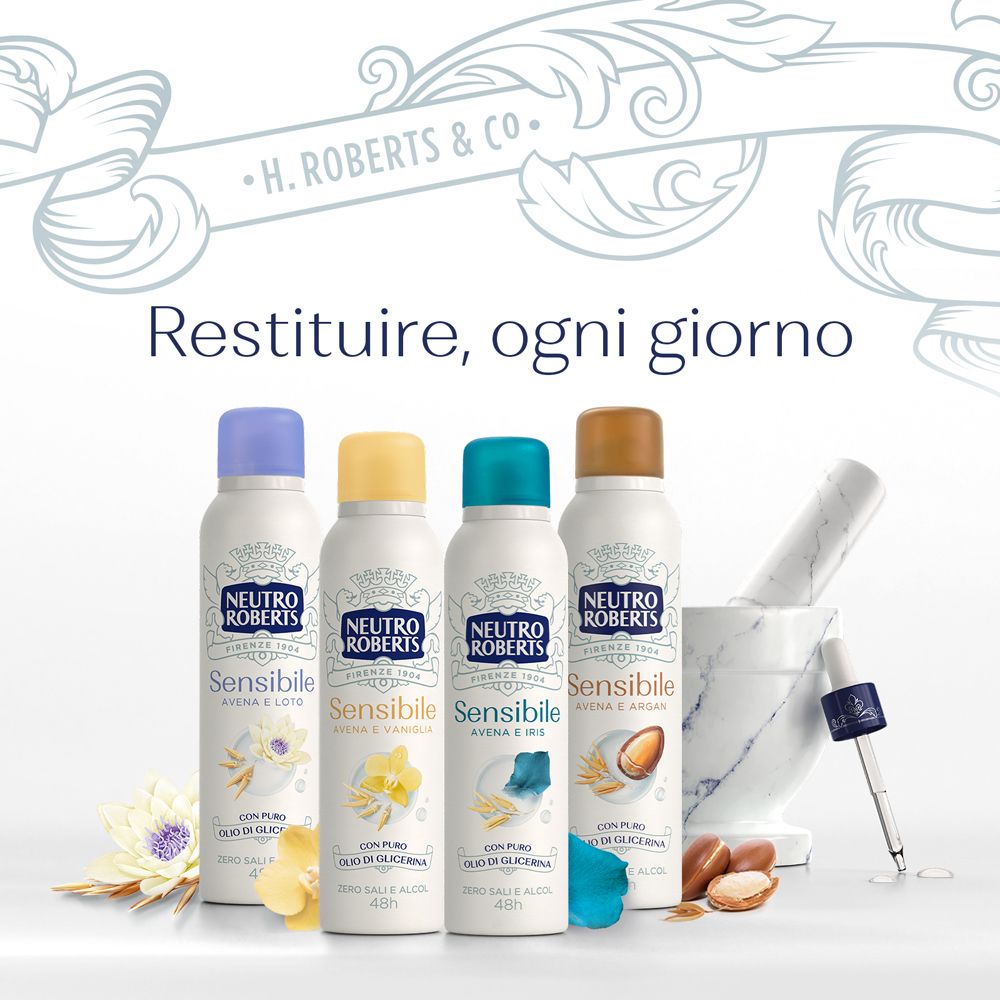 Quattro spray deodoranti Neutro Roberts. Diverse fragranze. Accessori: mortaio, pipetta, argan.