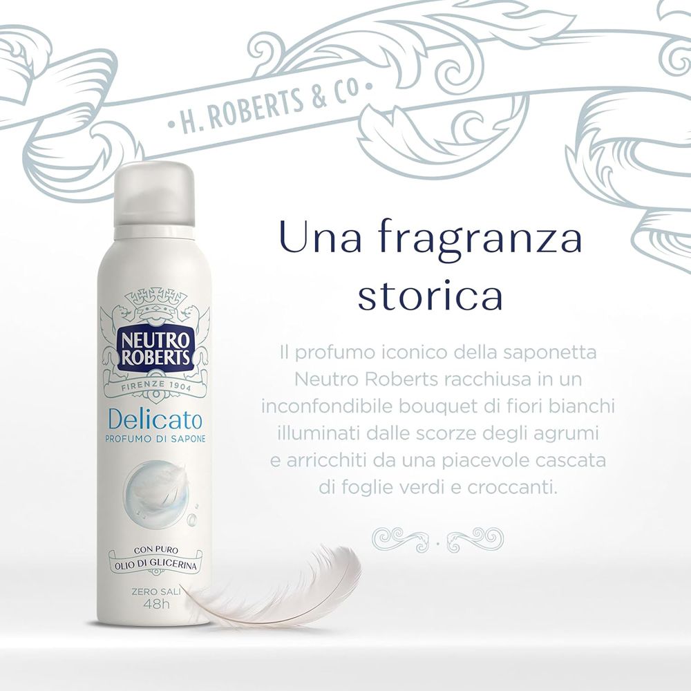 Spray deodorante Neutro Roberts con 'Delicato' e 'Profumo di Sapone'. Testo su una nota profumata storica. Piuma.