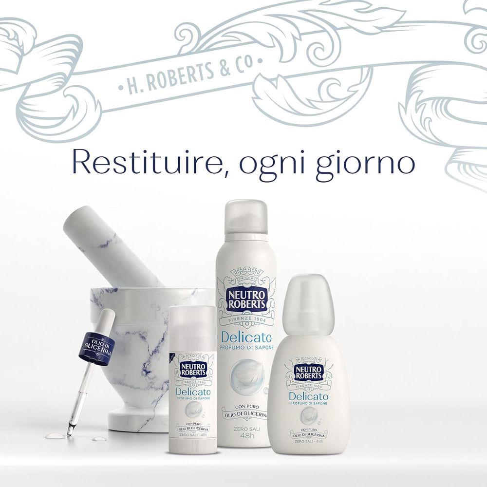 Vari prodotti Neutro Roberts. Spray deodorante, stick deodorante e bagnoschiuma. Testo 'Restituire, ogni giorno'.
