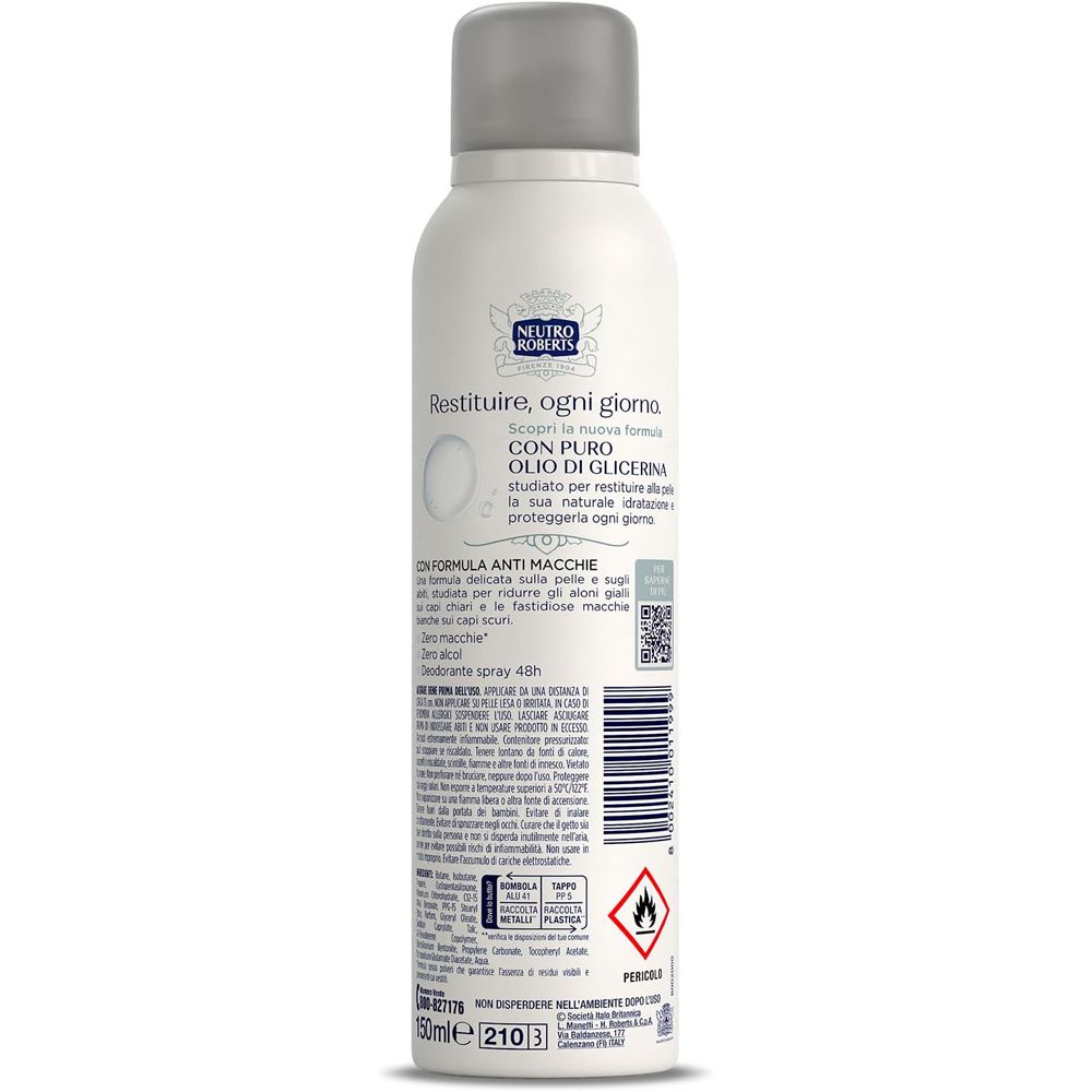 Retro dello spray bianco. Testo: Restituire, ogni giorno. Con glicerina. Formula anti macchie. Codice QR e avvertenze.