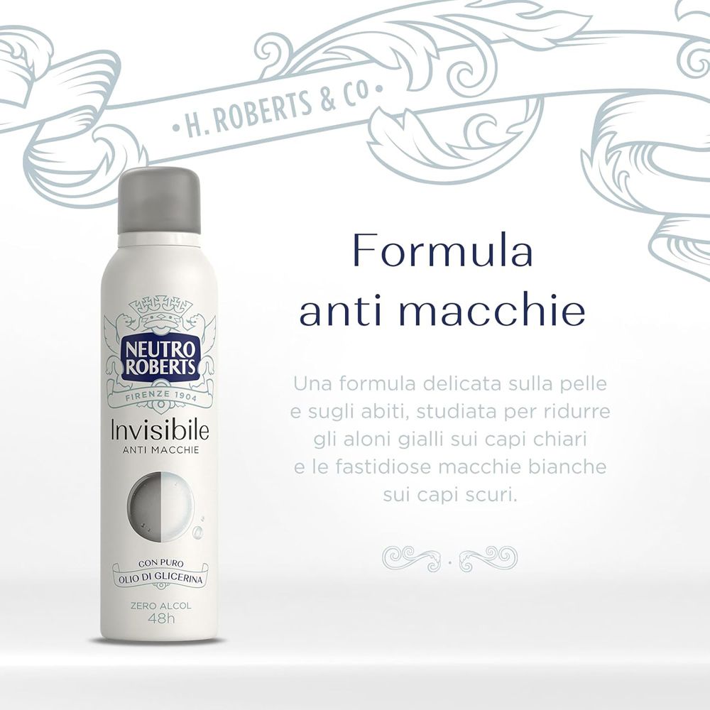 Spray bianco con testo: Neutro Roberts, Invisibile Anti Macchie. Formula anti macchie. Con glicerina. Su sfondo chiaro.