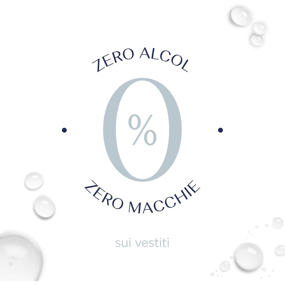 Testo: Zero Alcol, Zero Macchie sui vestiti. Zero per cento. Su sfondo chiaro con gocce d'acqua.